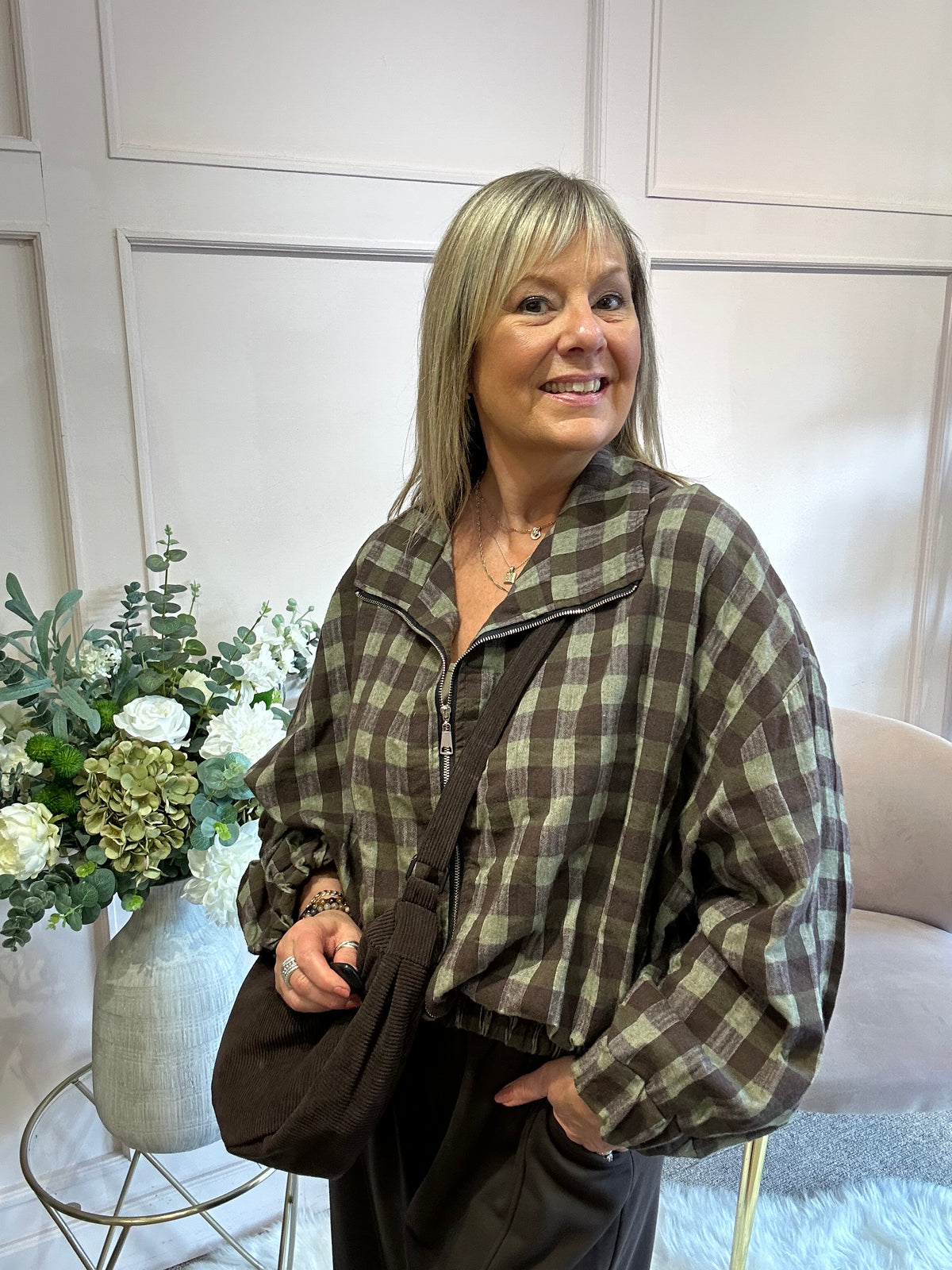 A Checked Zip Jacket - Khaki/Brown - Wardrobe By Simone