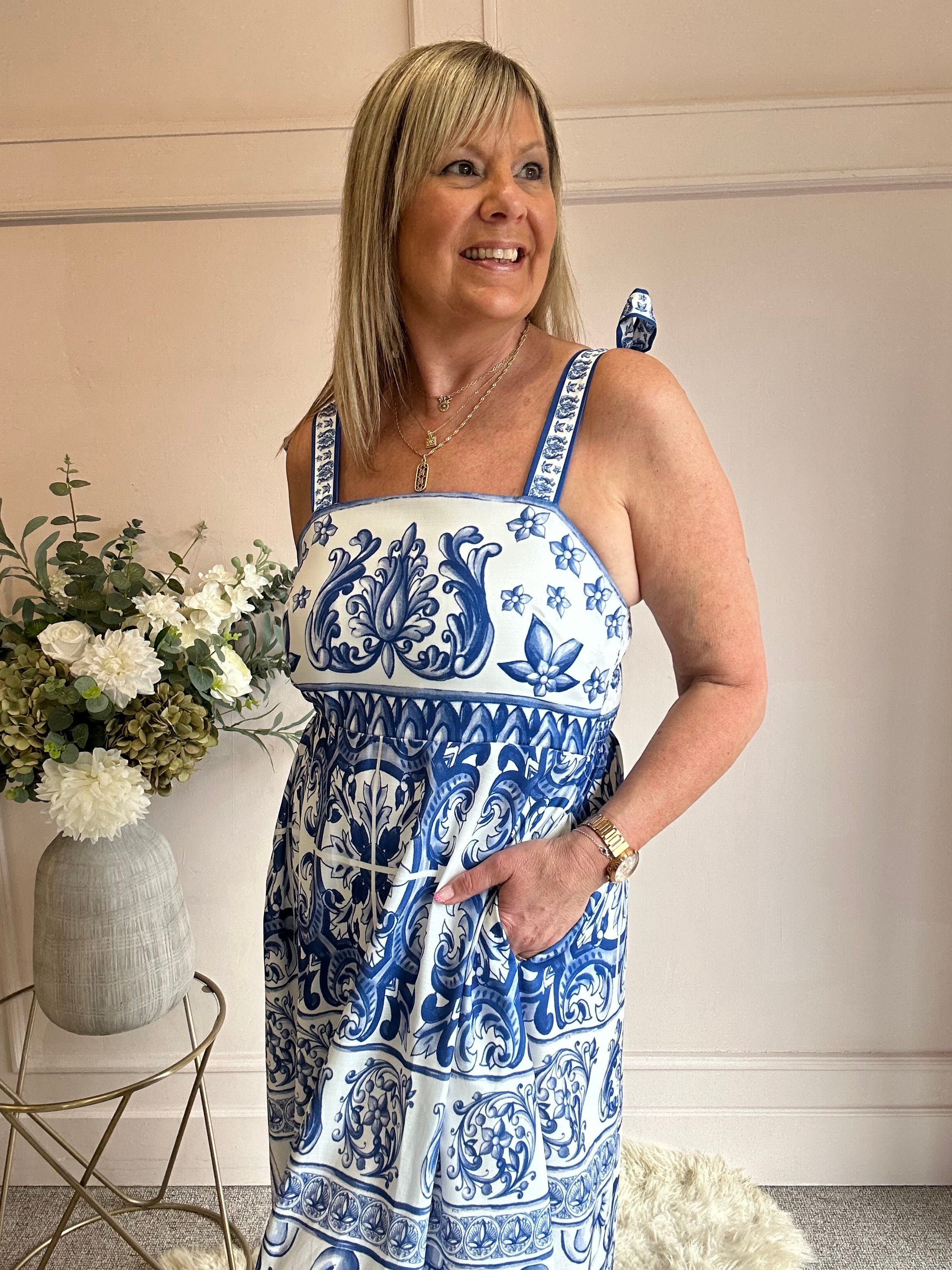 Goddess Of Love Maxi SunDress - White/Blue - Wardrobe By Simone