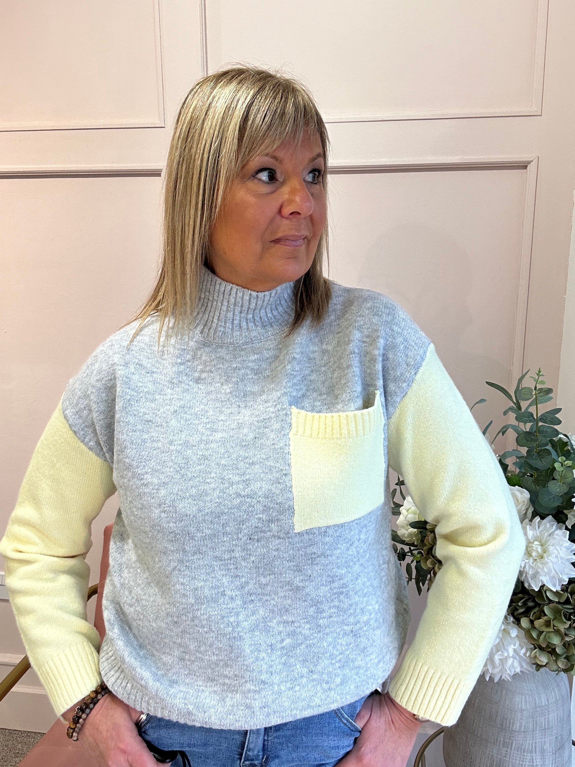 Turtle Neck Jumper -Grey/Lemon
