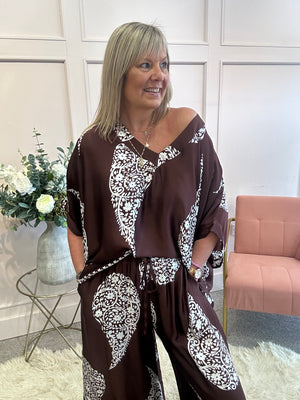V Neck Top & Wide Pant Set - Brown/Cream
