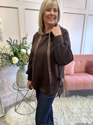 Cosy Leopard Tie Hoody  - Brown