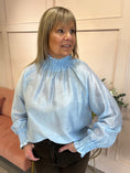 Load image into Gallery viewer, Ruffle Neck Top  - Pastel Blue - Wardrobe By Simone
