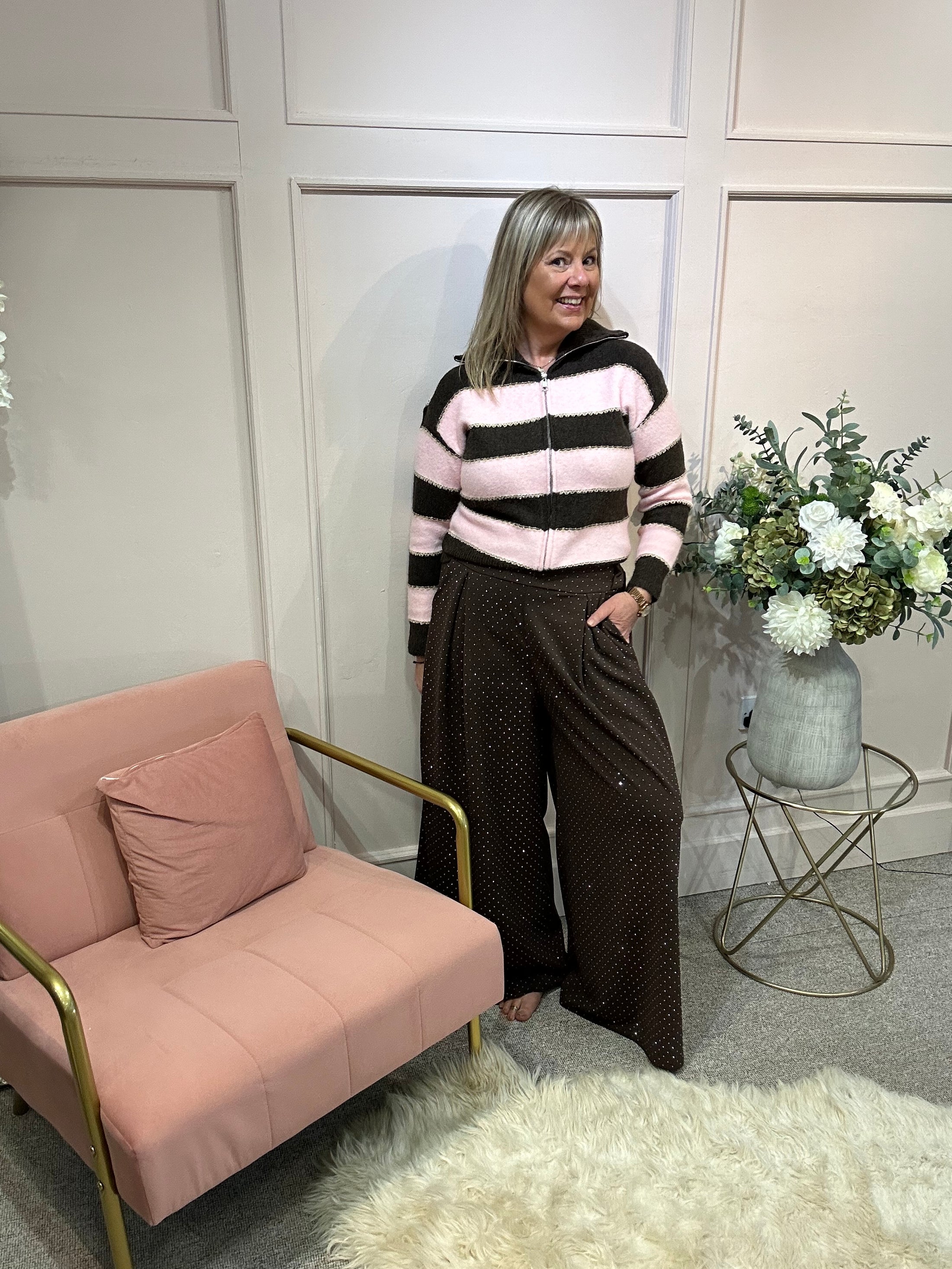 Zipped Stripped cardigan - Brown/Pink