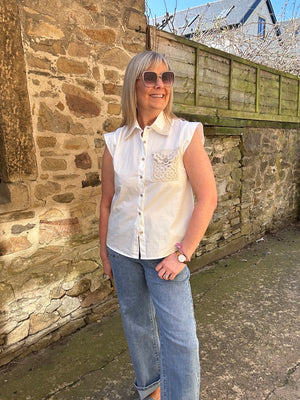 Crochet Collar Edged Sleeveless Shirt - Pale Cream