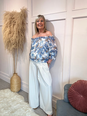 Ruffle Neck Flower Leaf Blouse - Blue/White