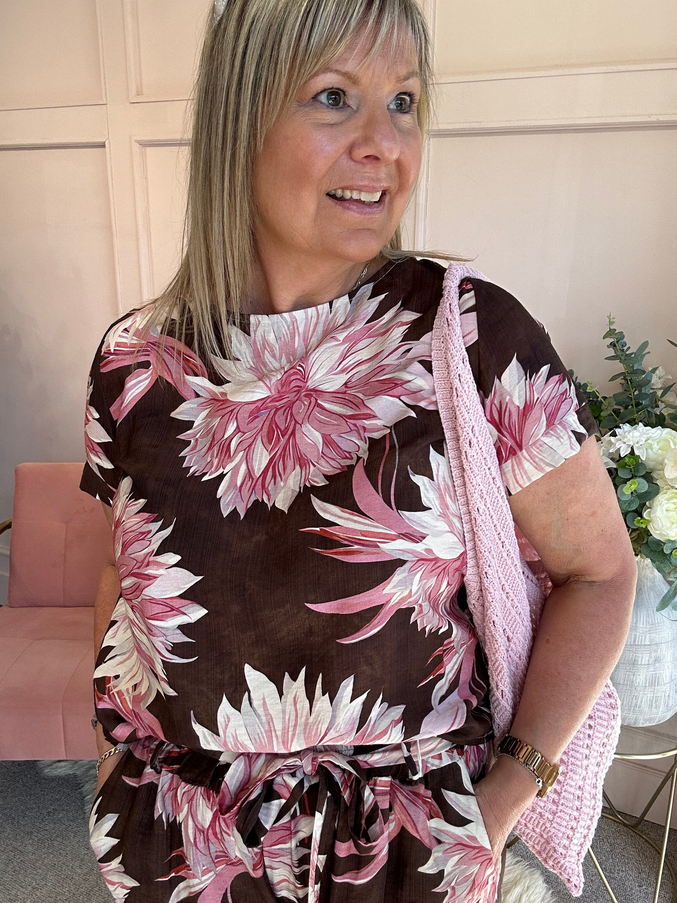 Tropical Top & Crop Pant Set - Brown/Pink - Wardrobe By Simone