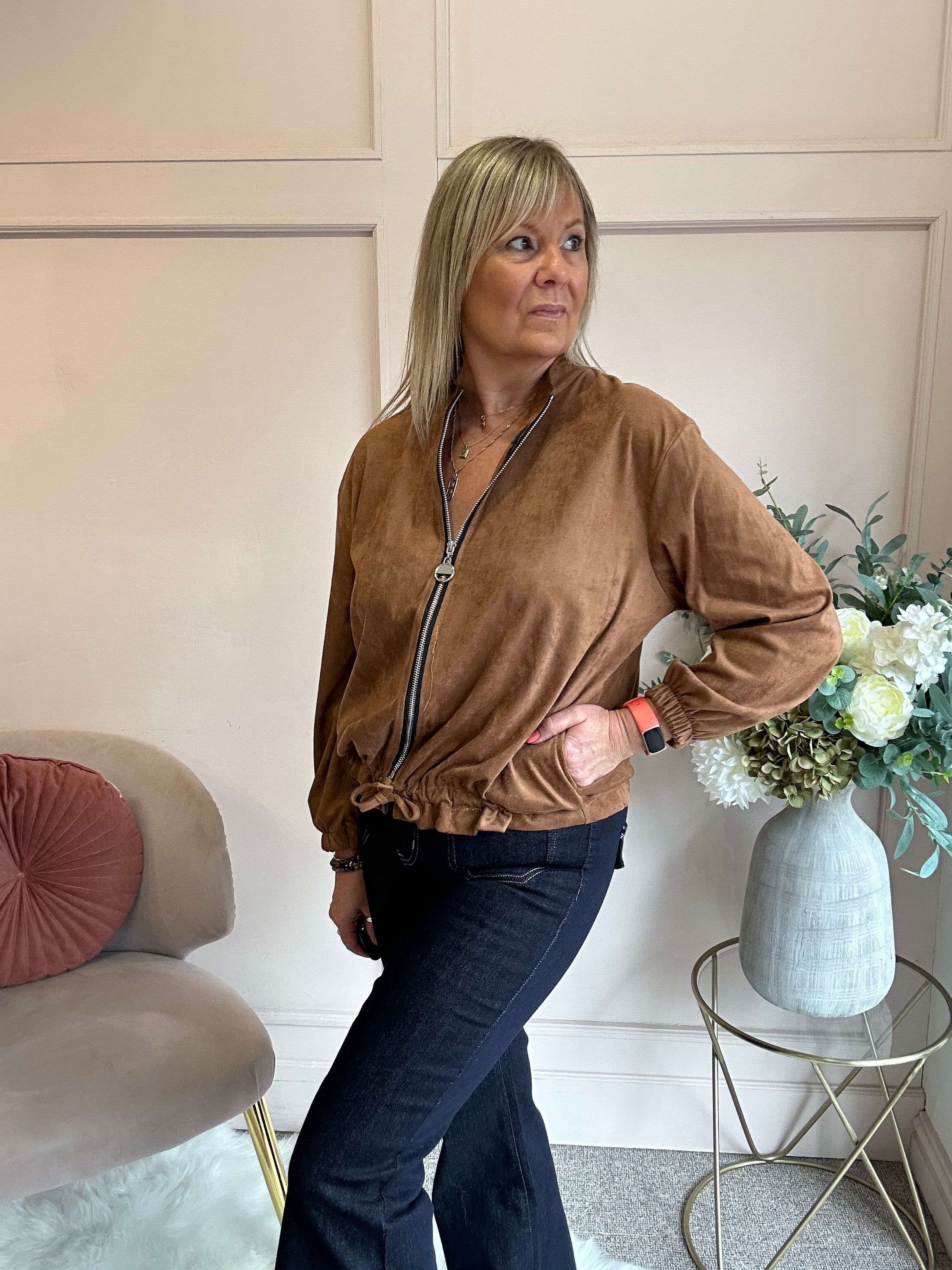 Suedette Zip Jacket - Golden Brown