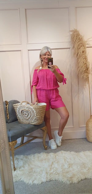 Linen Bardot Top & Shorts Playsuit - Pink