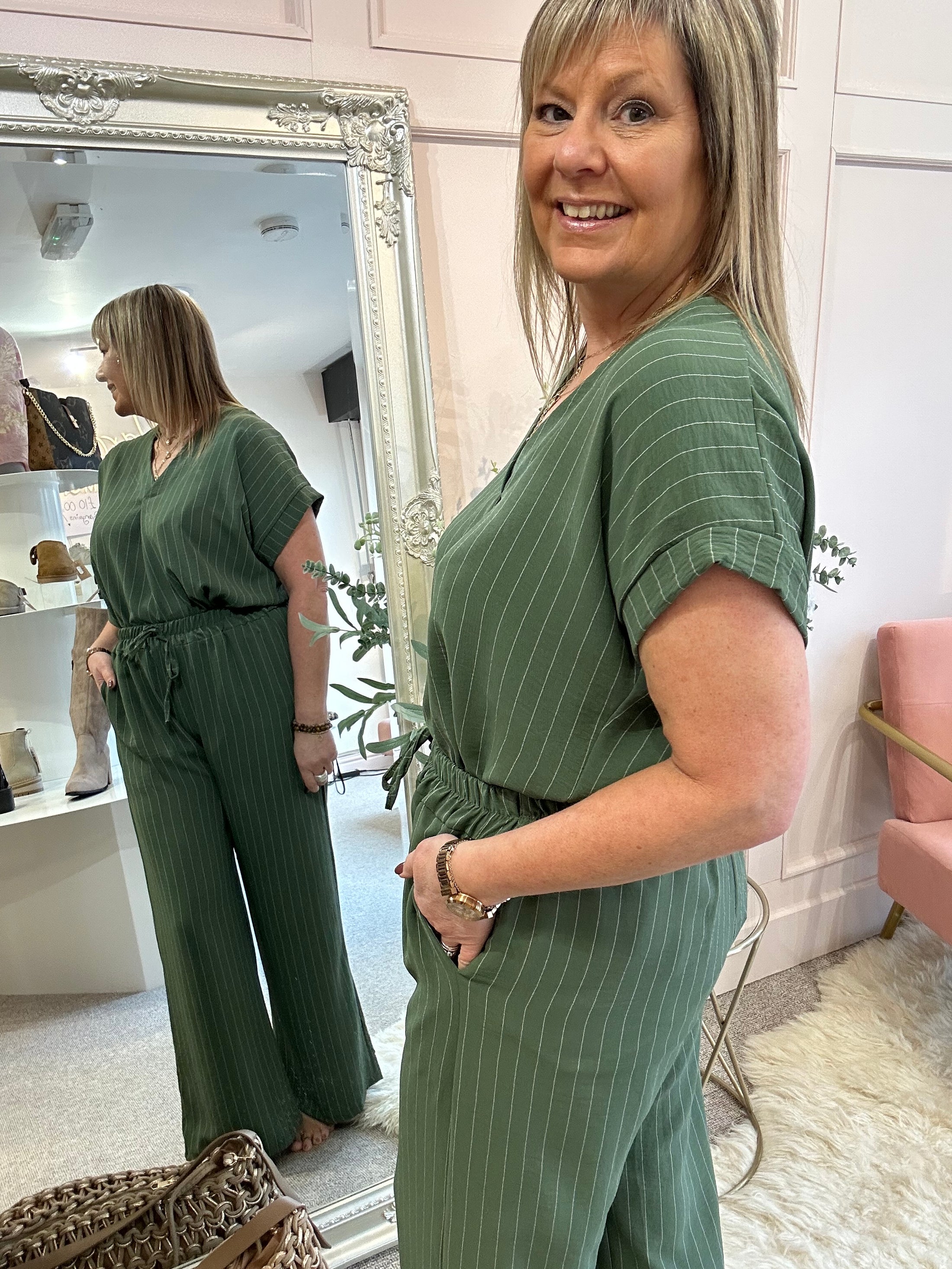 Pinstriped V Neck Top & Pant Set - Khaki/Cream