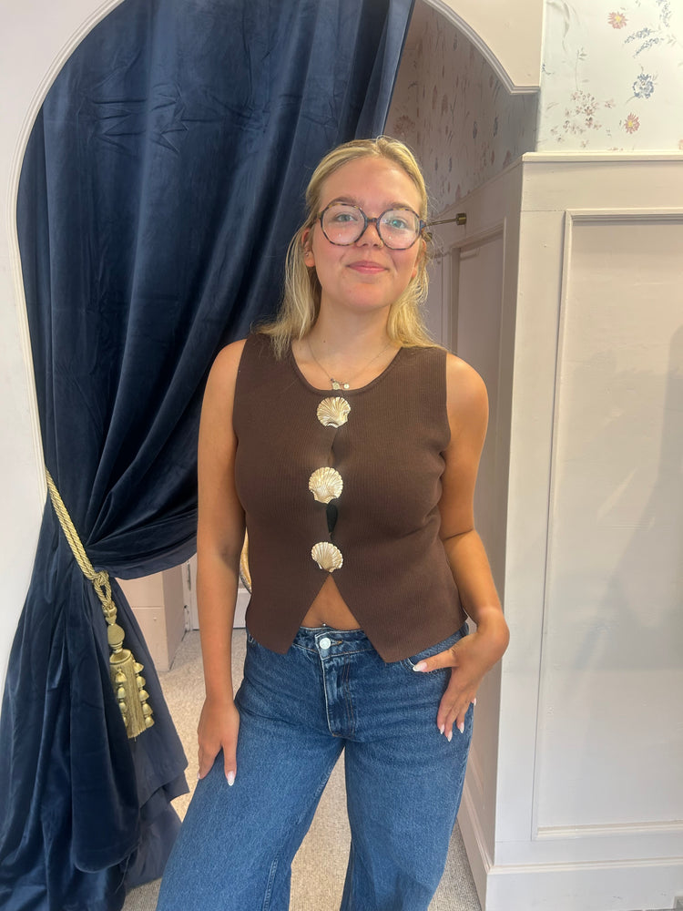 Gold Shell Buttons Waistcoat - Chocolate Brown