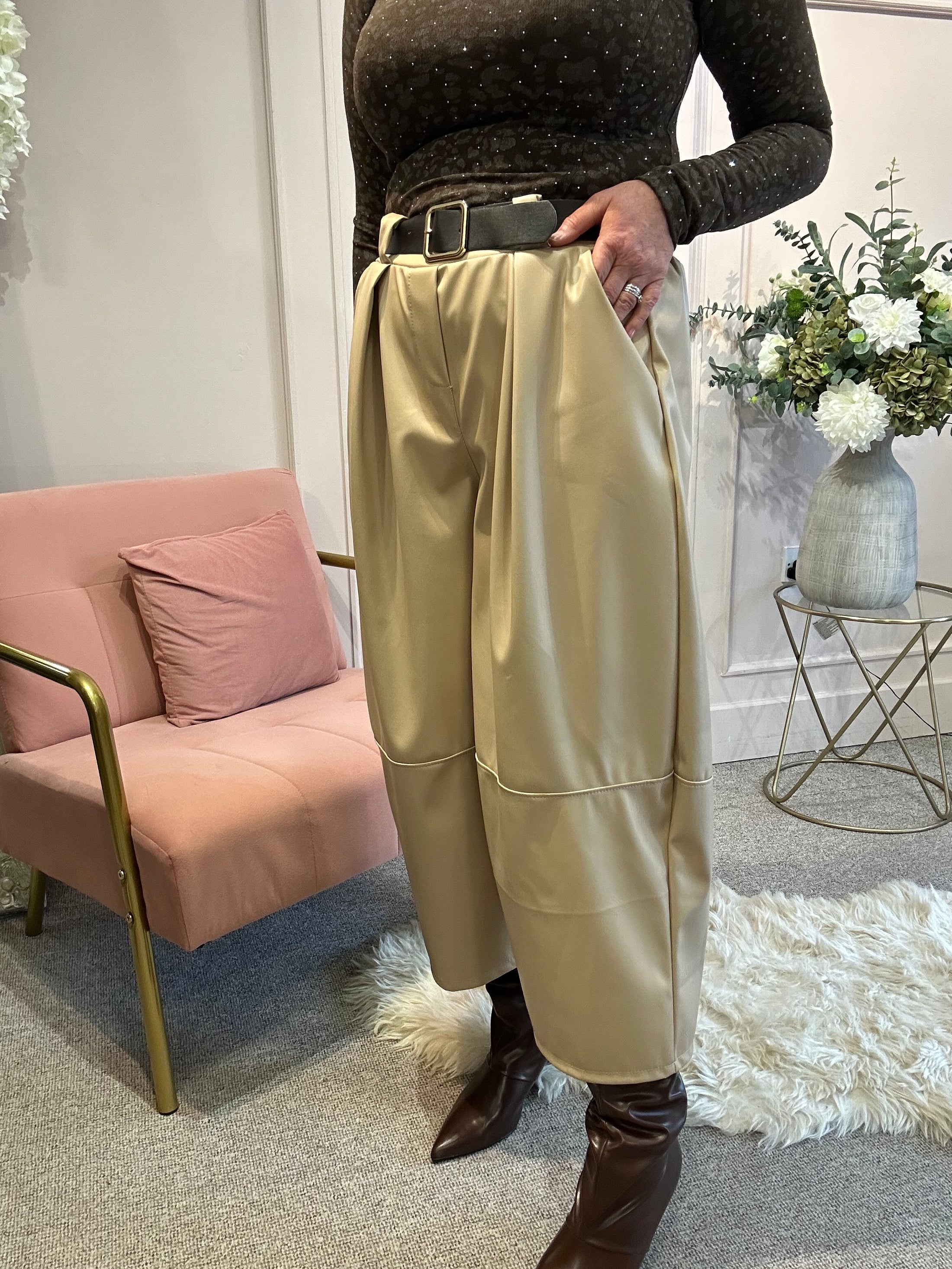 Faux Leather Wide Leg Trouser - Beige