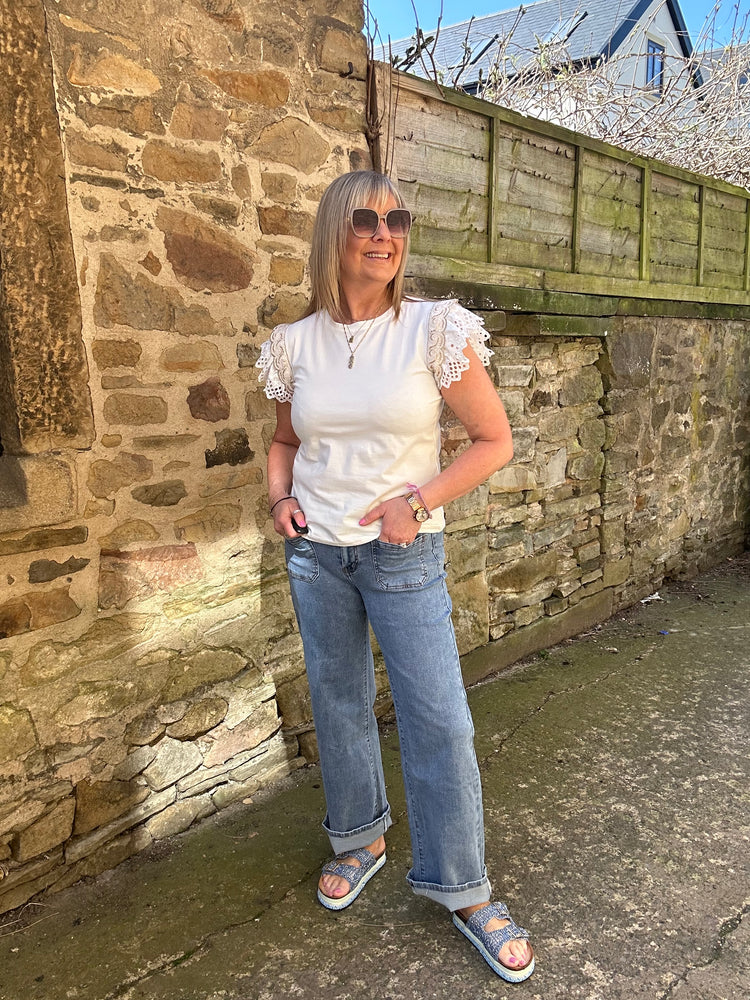 Embroidered Cap Sleeve T Shirt - White