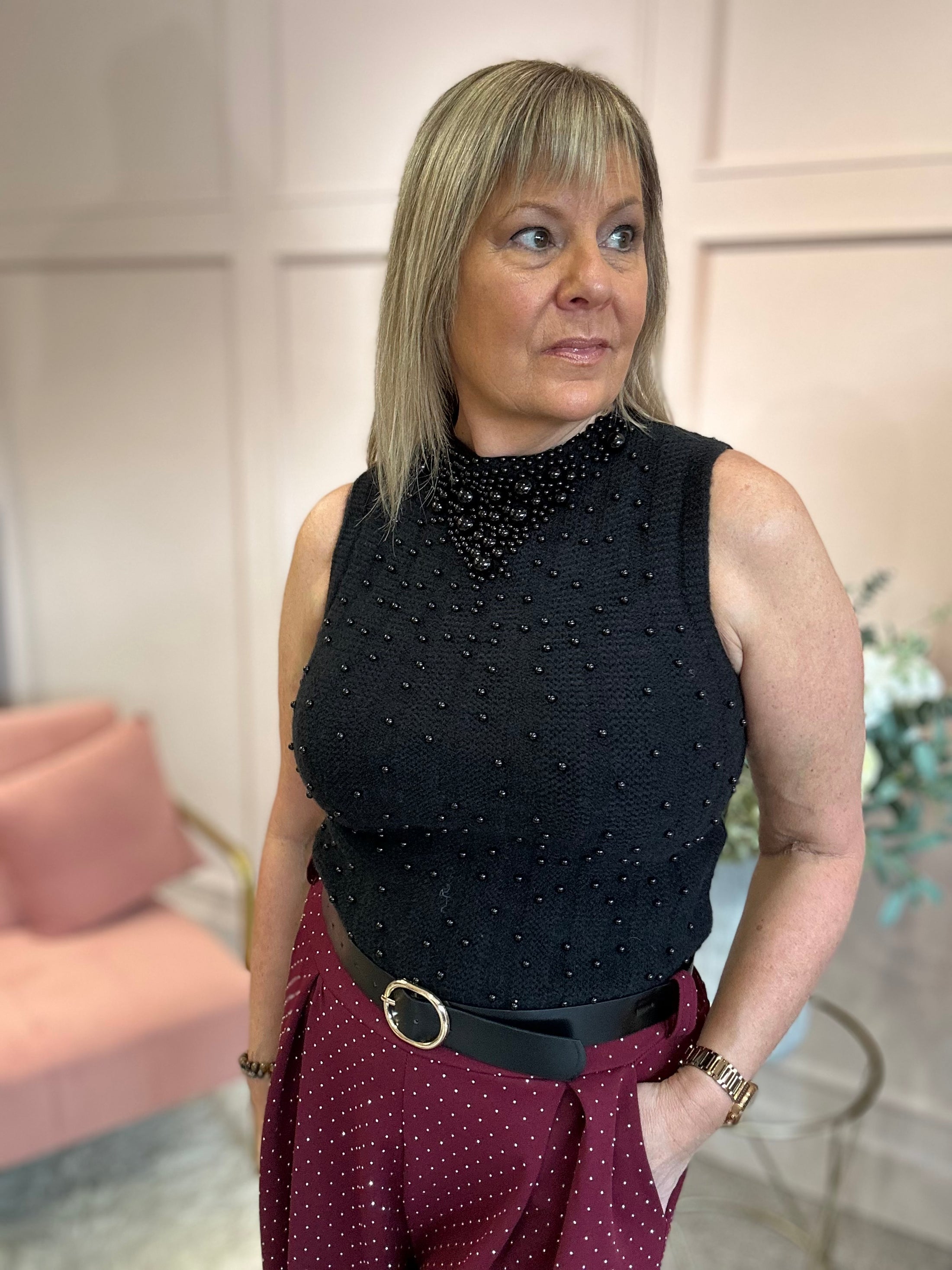 Beaded Sleeveless Knit Top - Black