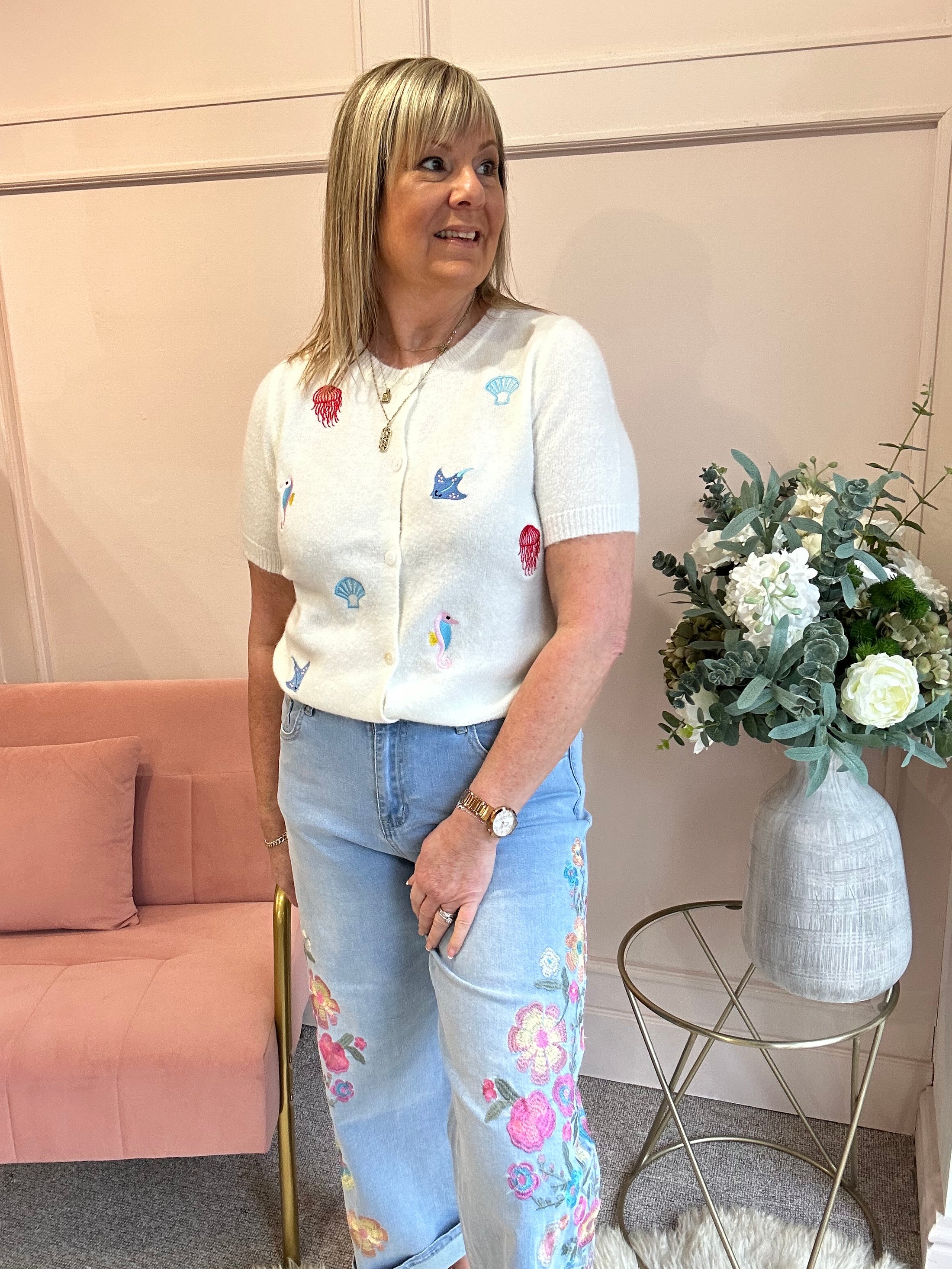 Sealife Embroidered Cardigan - Soft Cream - Wardrobe By Simone