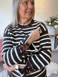 Load image into Gallery viewer, Sequin Bow Detail Stripe jumper -  Brown/Cream
