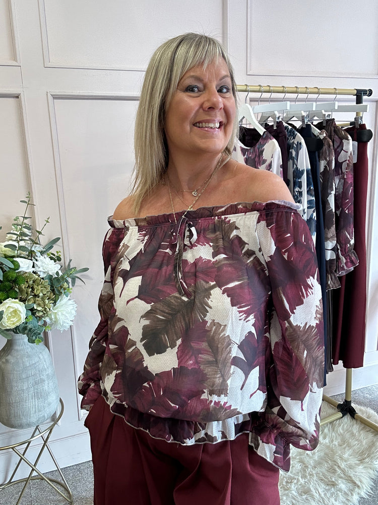 Leafy Ruffle Edged Top - Burgundy/Browns