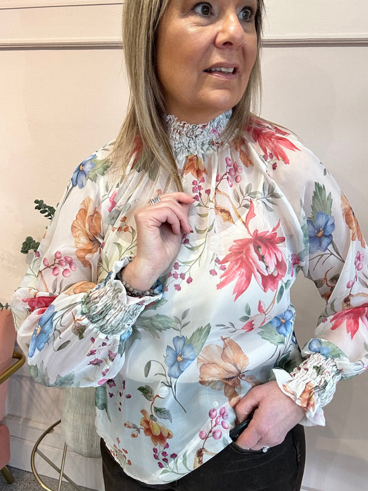 Floral Berry Ruffle Neck Top  - Cream - Wardrobe By Simone