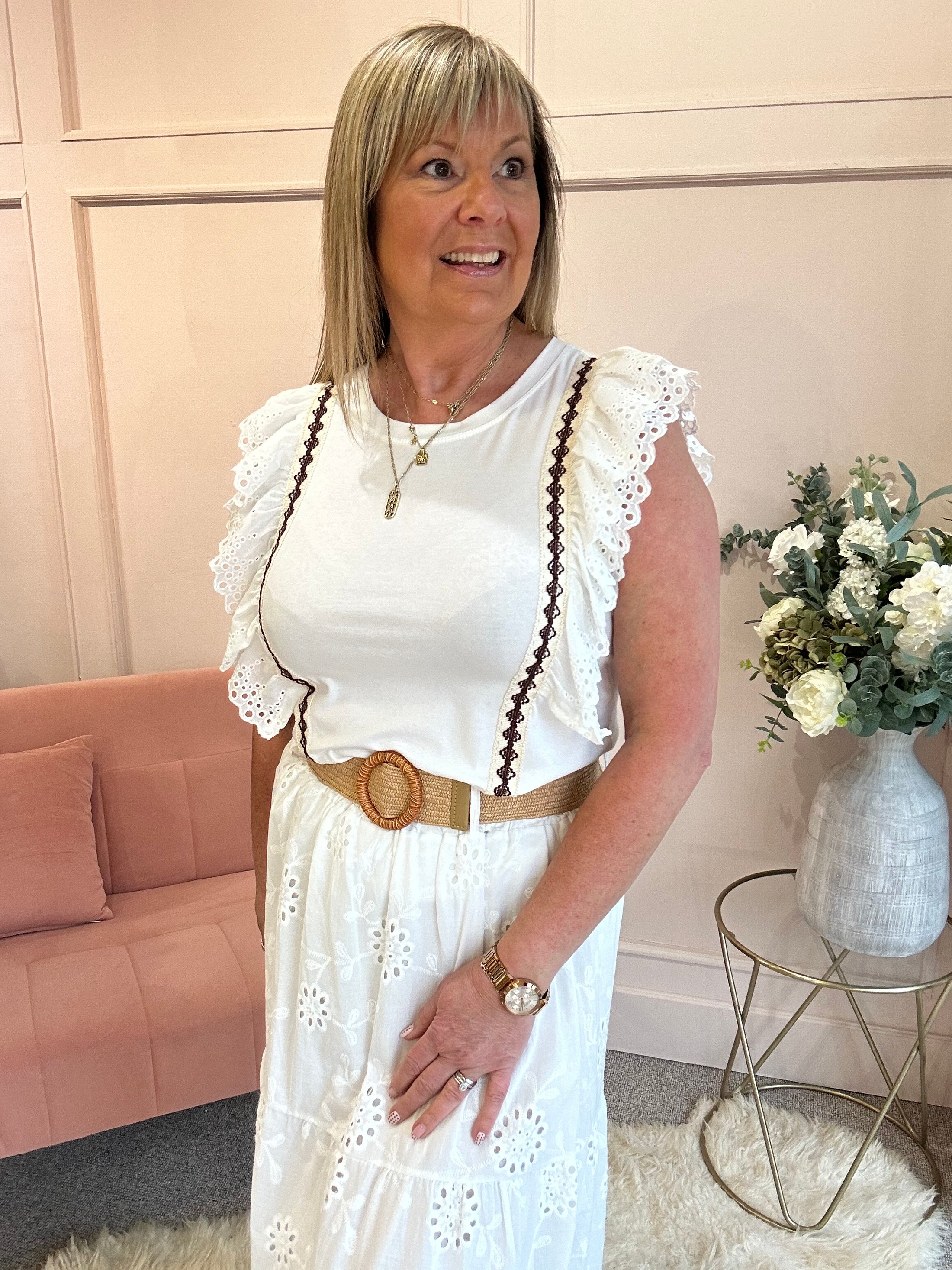 Broderie Anglaise Frill T Shirt  - White/Cream - Wardrobe By Simone