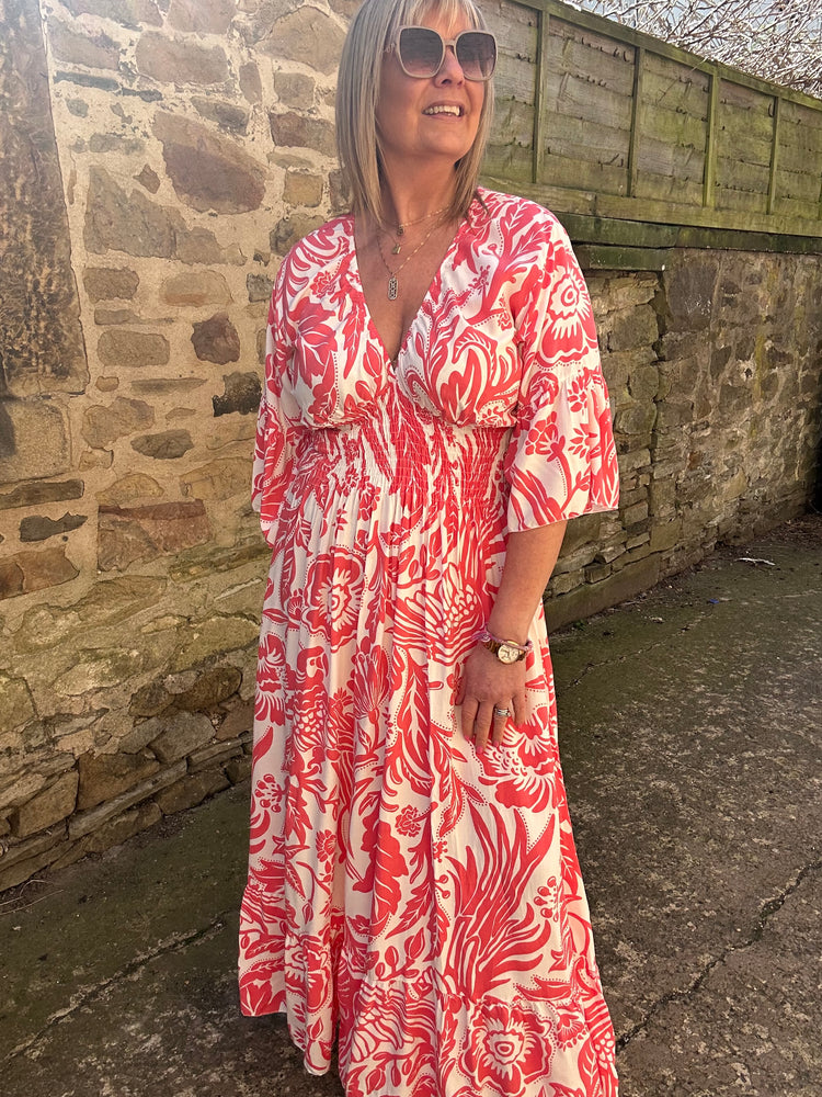 Flower Leaf Mix Maxi Dress - Coral/White