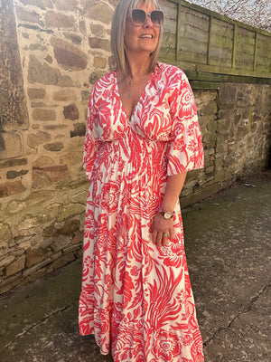Flower Leaf Mix Maxi Dress - Coral/White