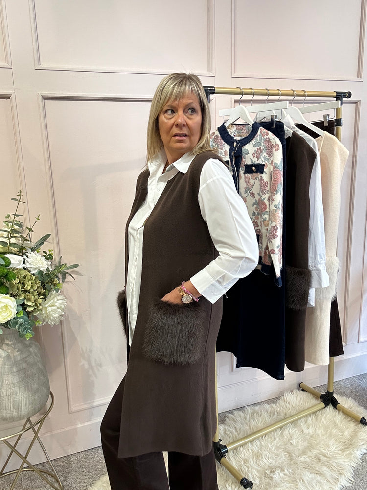Fluffy Pocketed Long Waistcoat - Chocolate