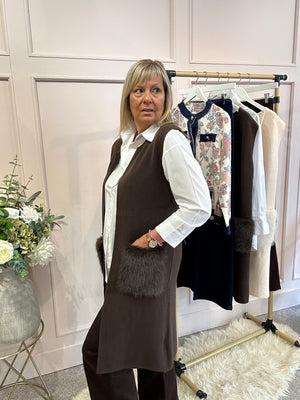 Fluffy Pocketed Long Waistcoat - Chocolate