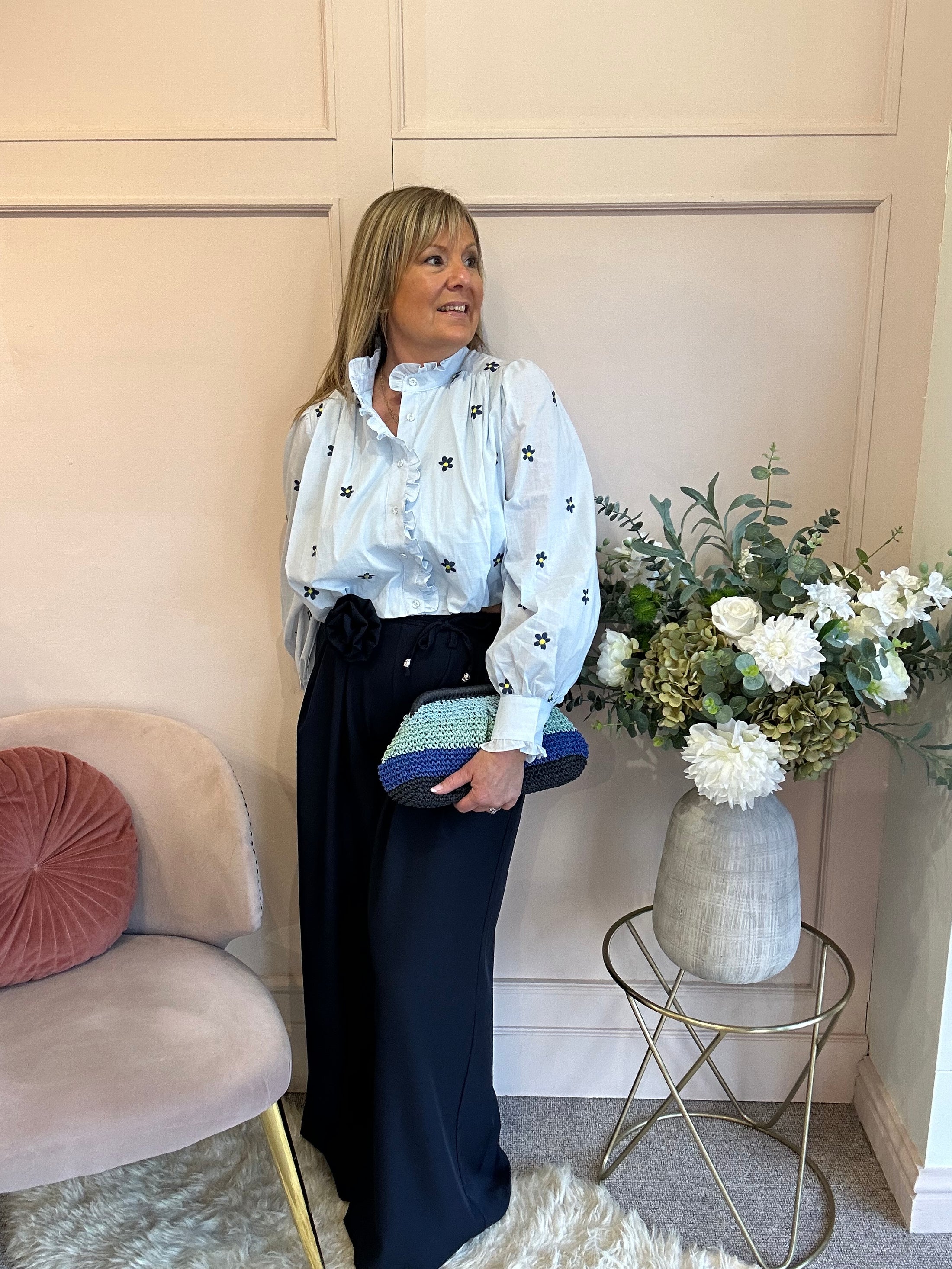 Romantic Daisy & Ruffle Top - Soft Blue - Wardrobe By Simone