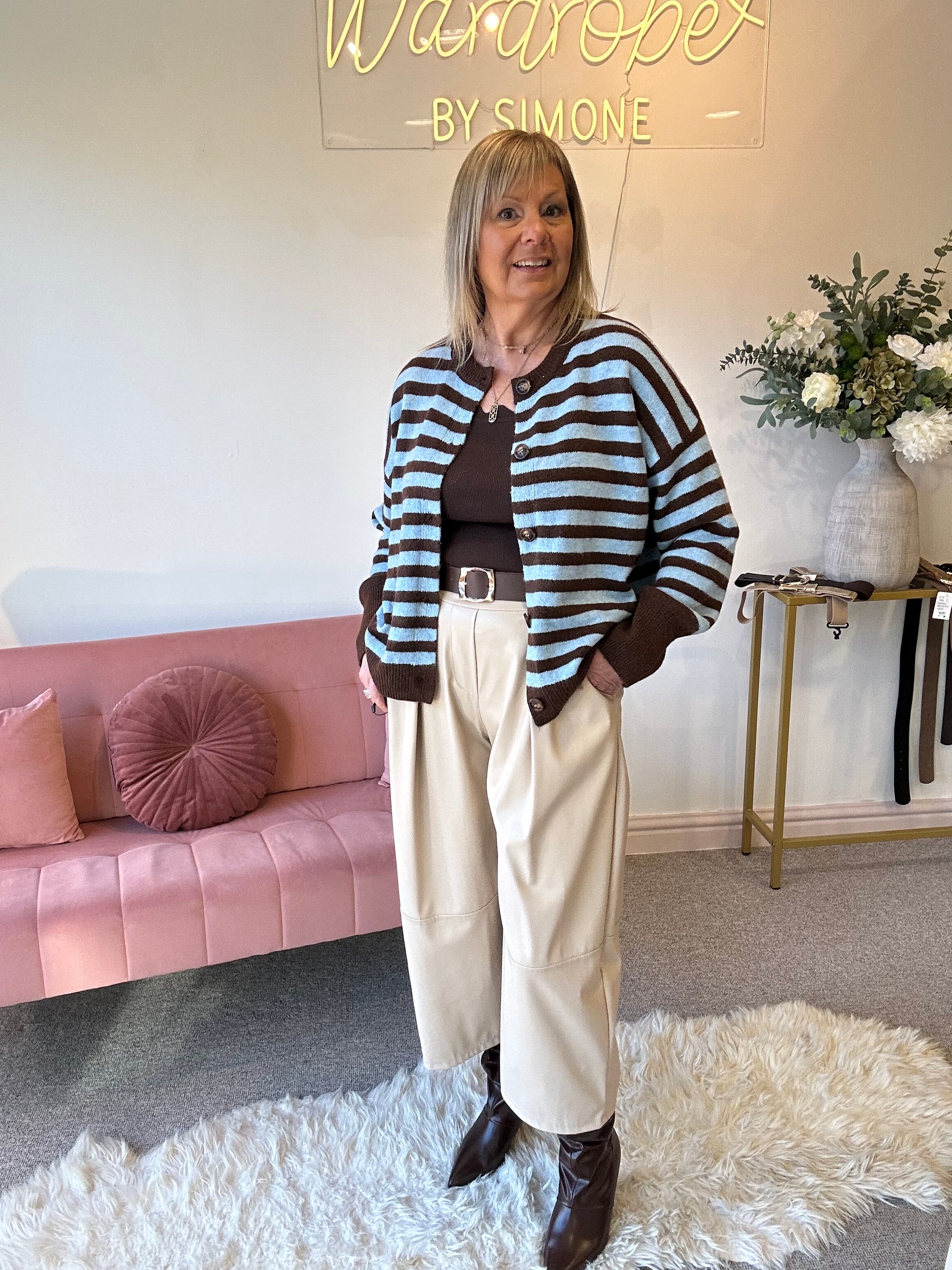 Fun Striped Button Cardigan -  Blue/Brown