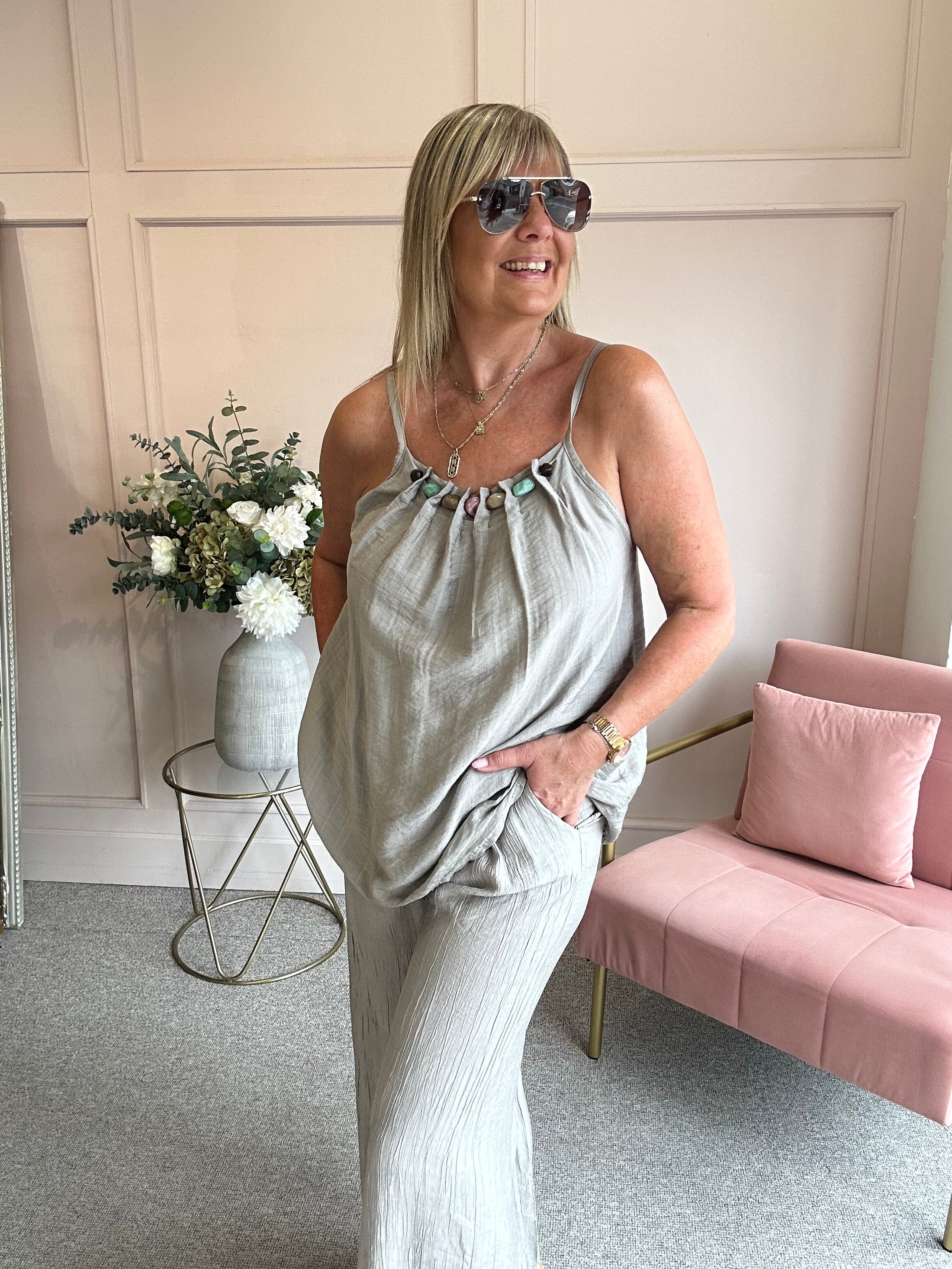 Beaded Cami Top - Taupe