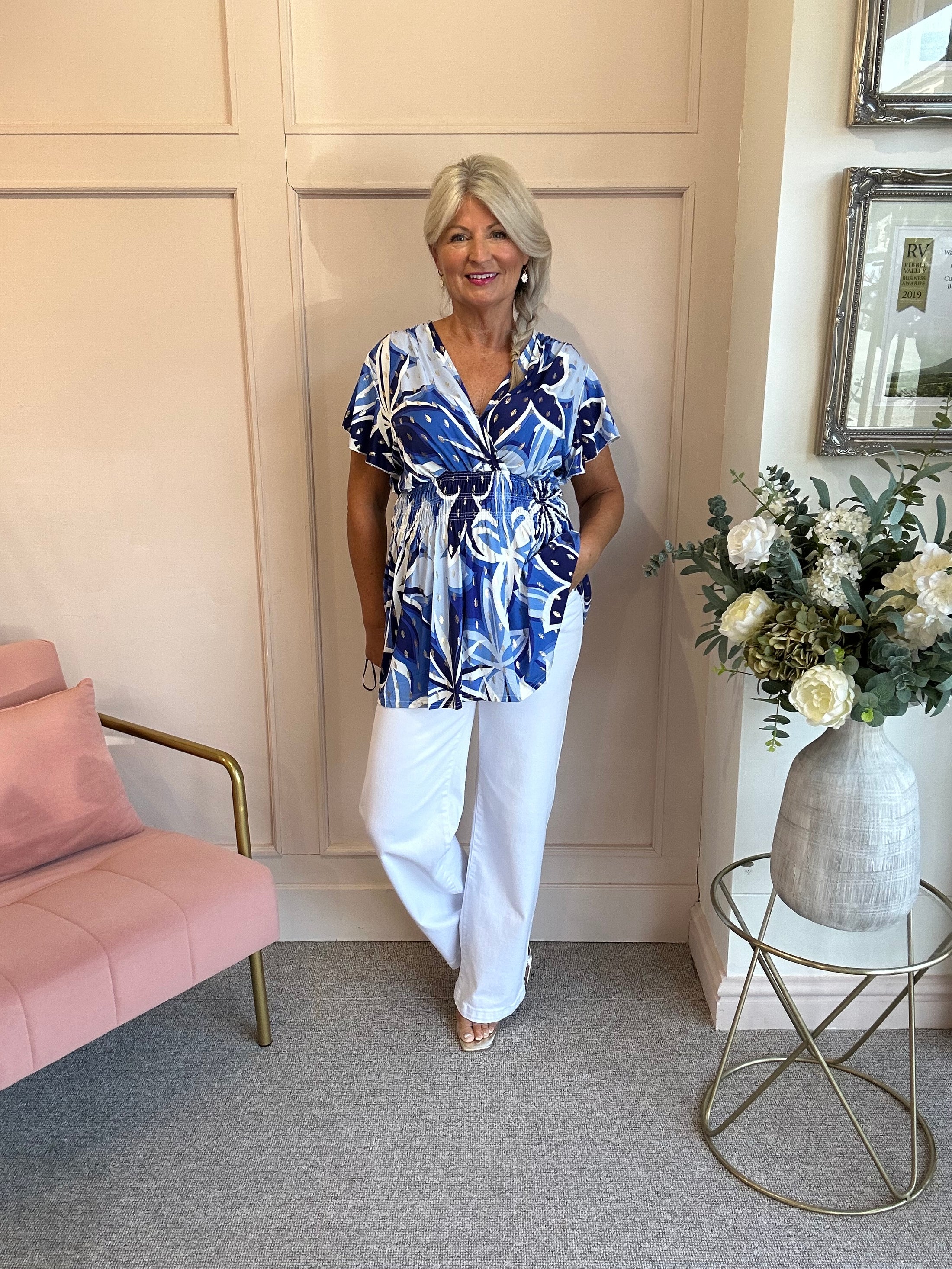 Slinky Cross Over Long Top  - Blue/White - Wardrobe By Simone