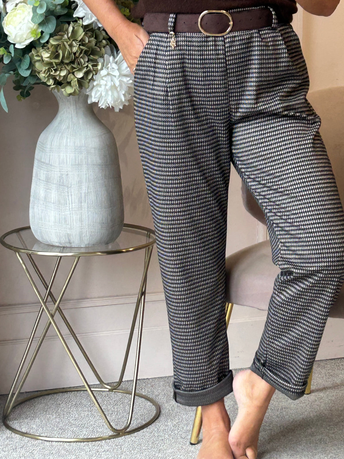 Belted Checked Pant - Black/Beige