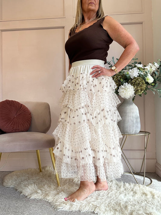 Spotty Tiered Net Maxi Skirt - Cream/Brown - Wardrobe By Simone