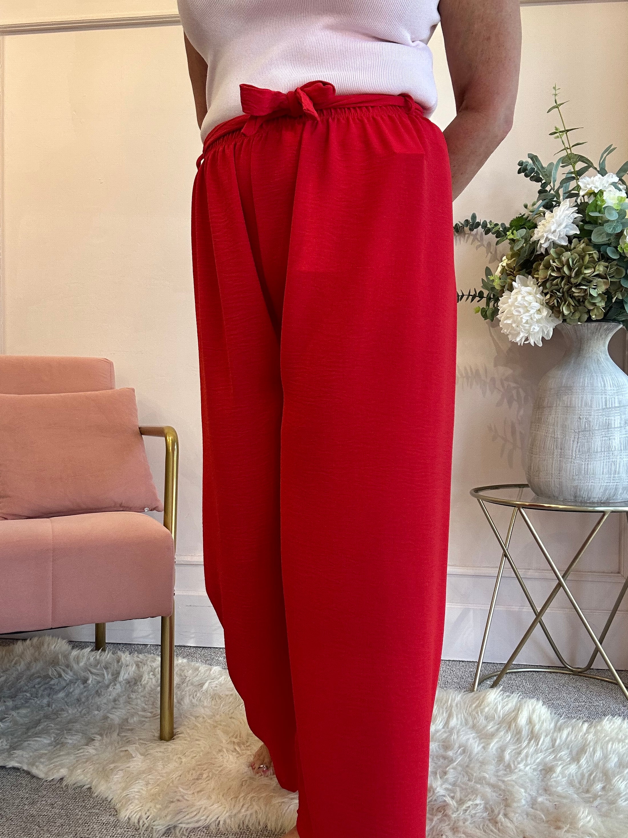 Tie Belt Wide Pant - Red - Wardrobe By Simone