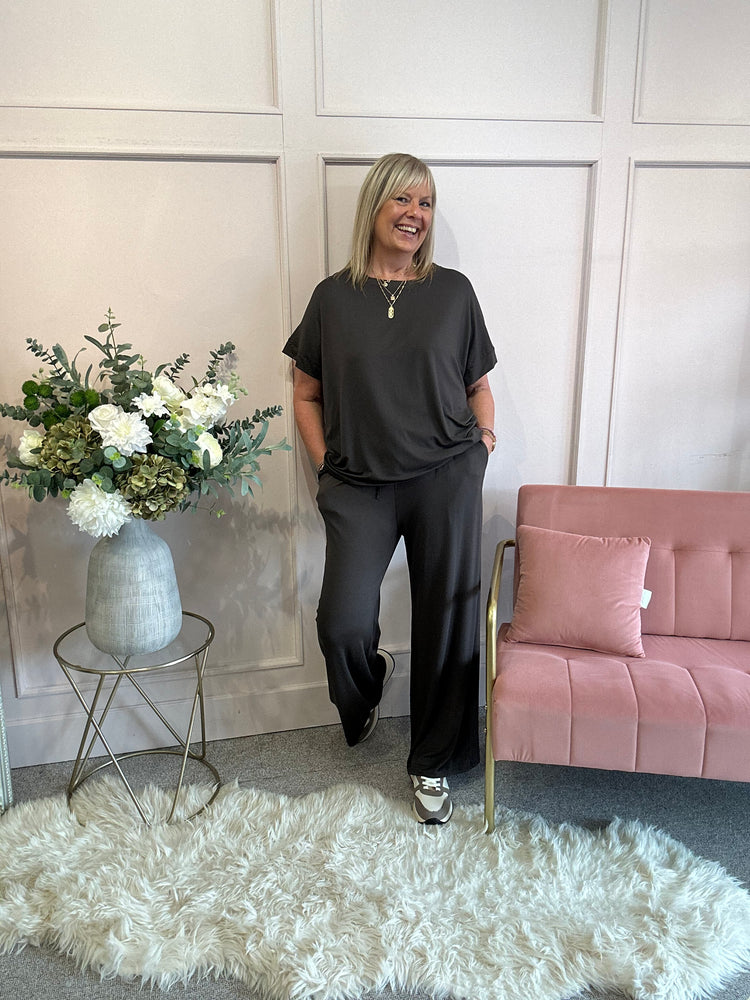 T Shirt & Wide Pant Lounge Set - Brown - Wardrobe By Simone