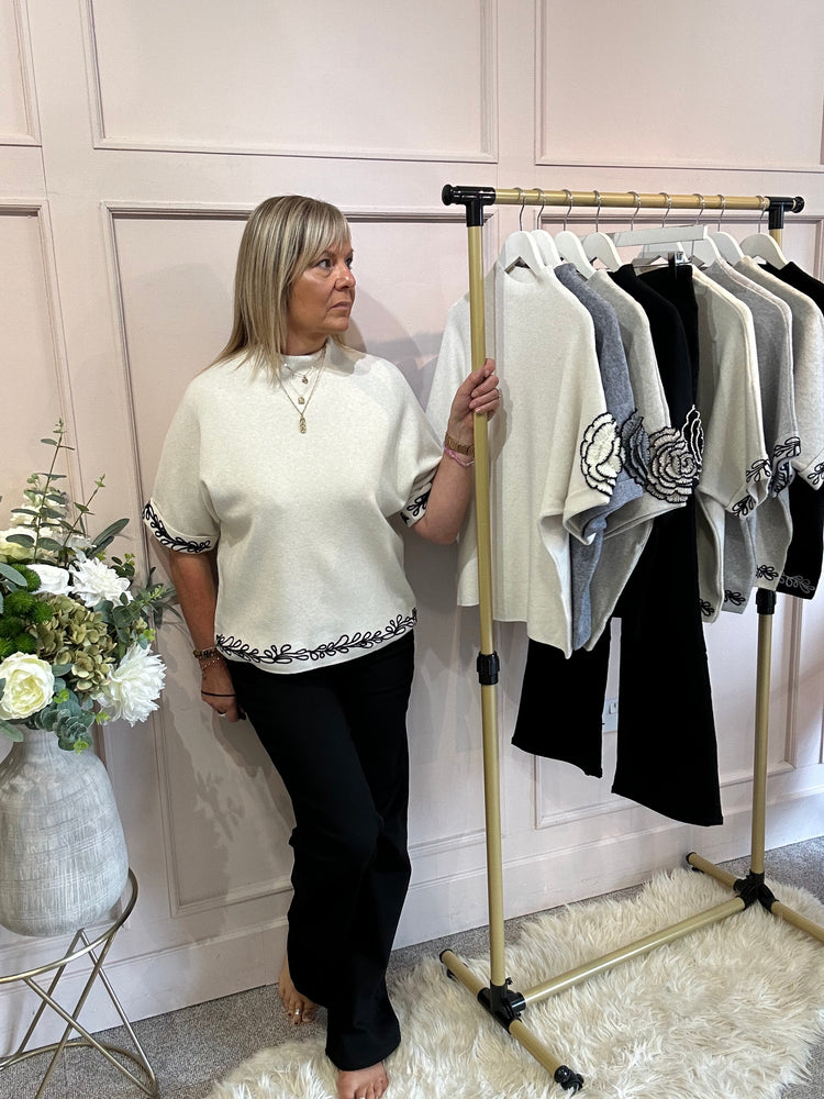 Embroidered Leaf Detail Jumper - Cream