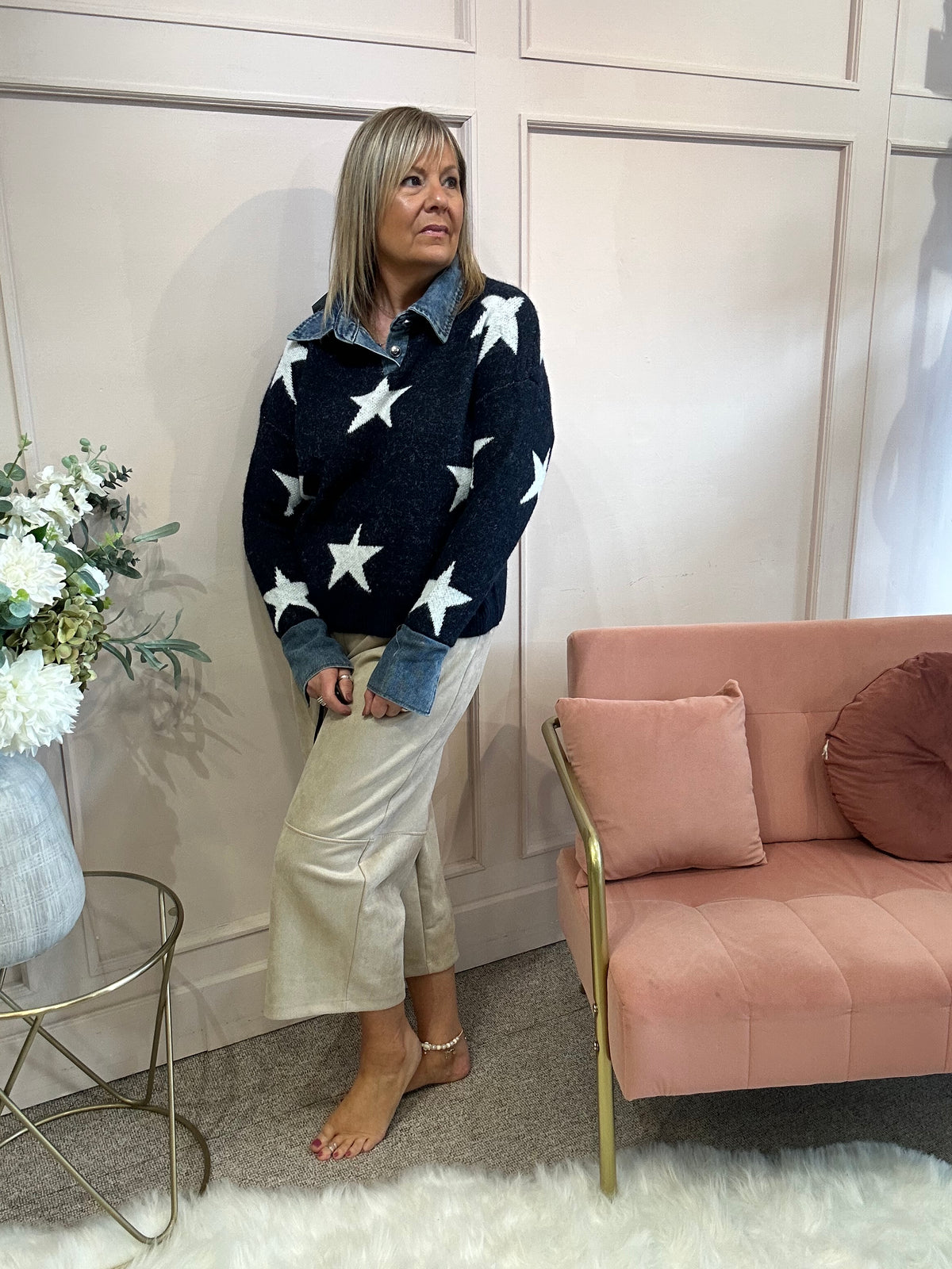 Stars & Denim Collar Jumper - Navy/White