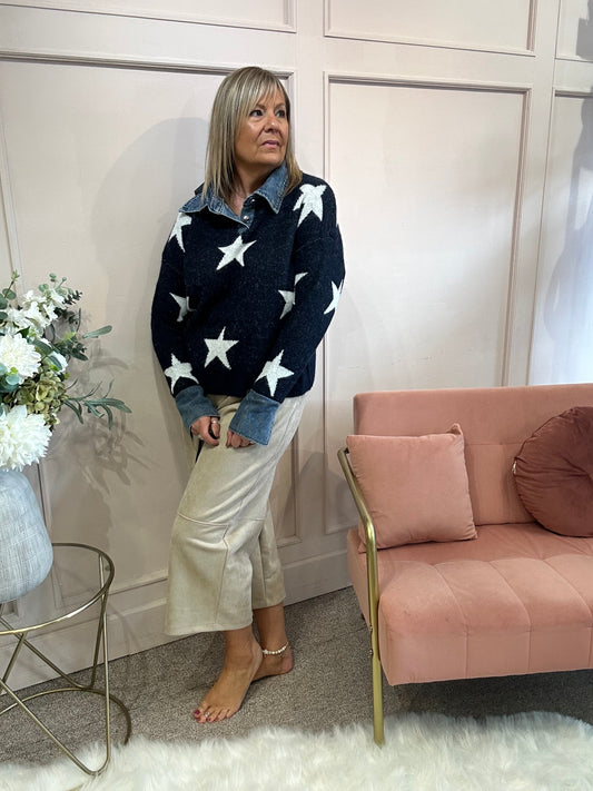 Stars & Denim Collar Jumper - Navy/White - Wardrobe By Simone
