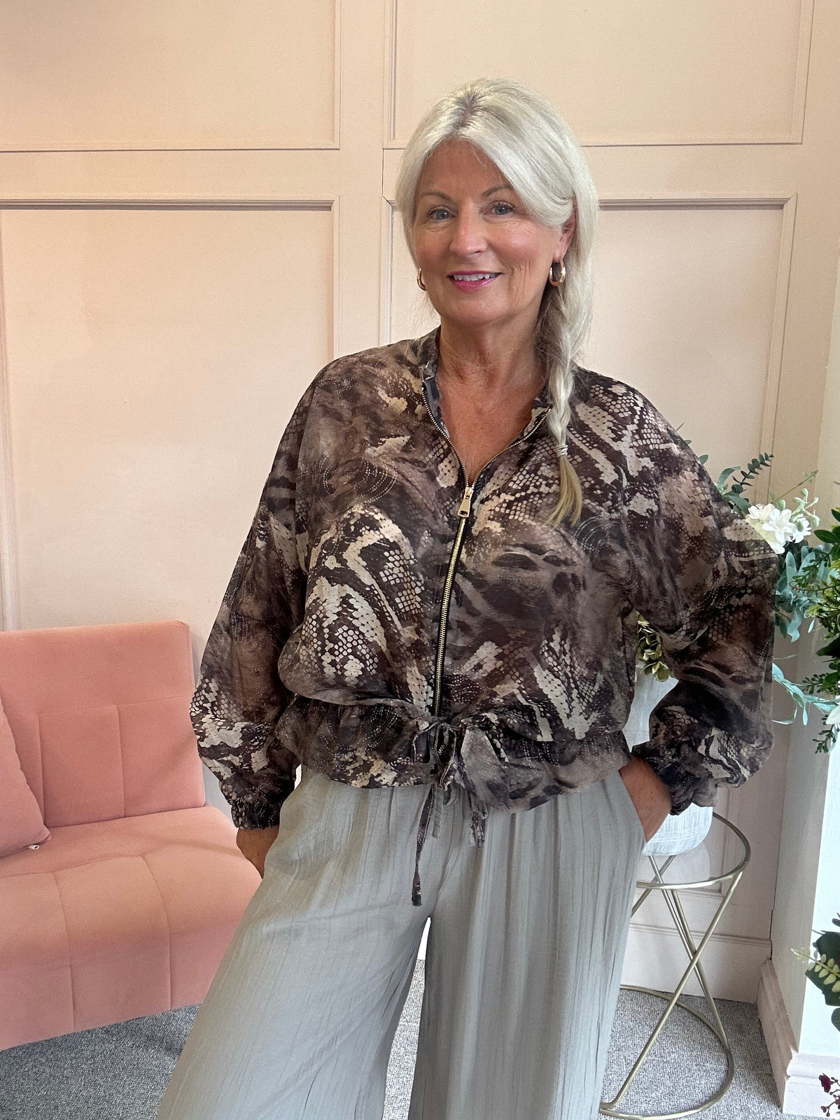 Lightweight Snake Print Zip Jacket - Brown/Cream - Wardrobe By Simone