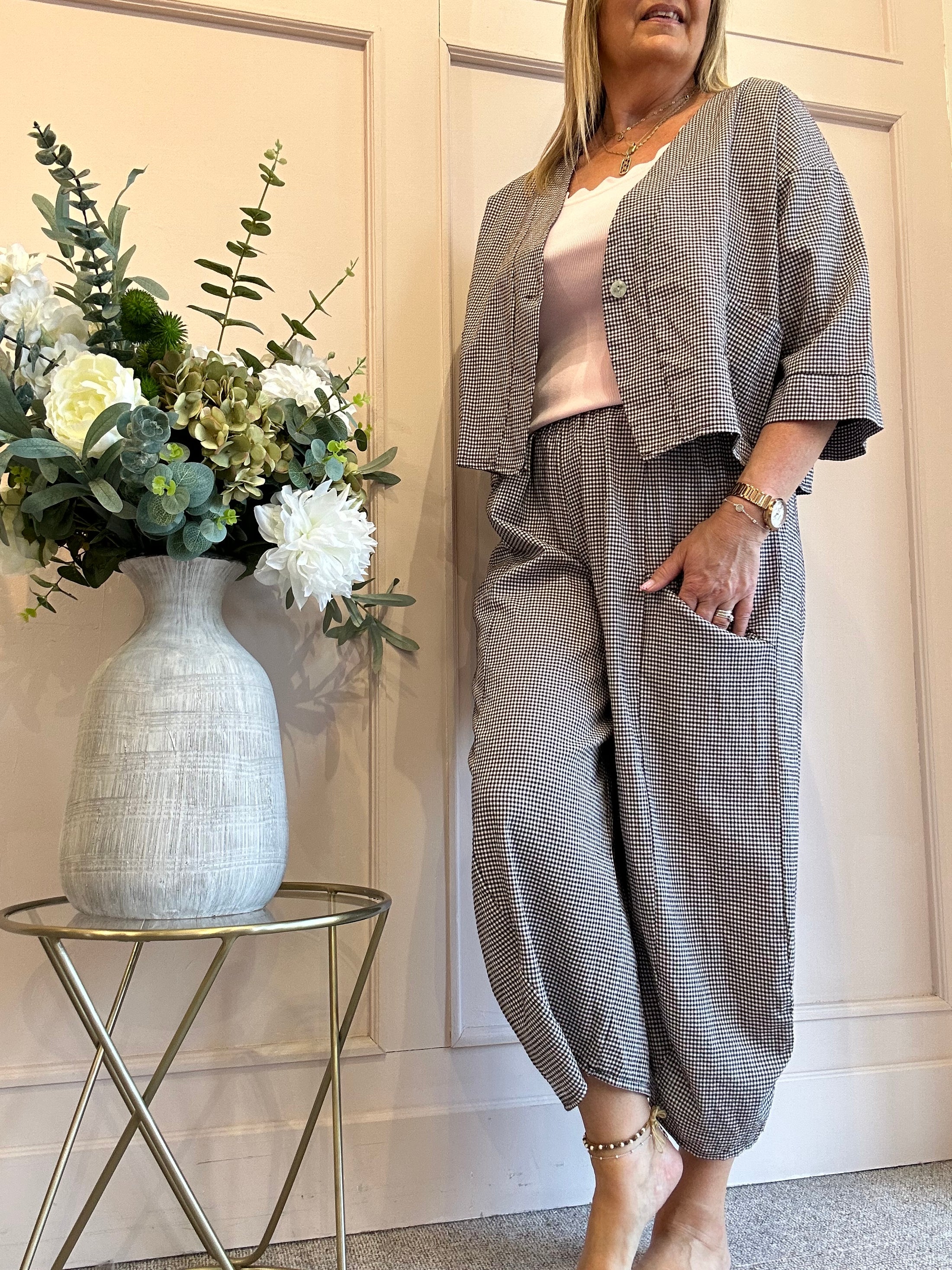 Gingham Little Jacket & Pants Set - Brown/White