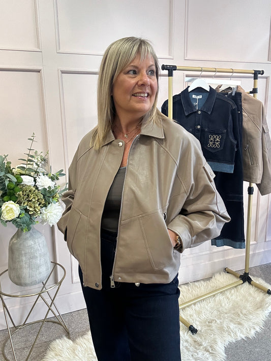 Faux Leather Collared Bomber Jacket - Taupe