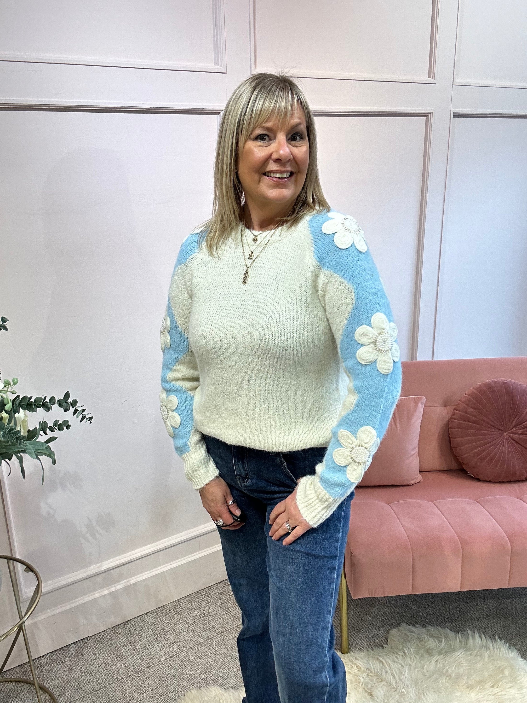 Beaded Flower Detail Jumper - Cream/Blue