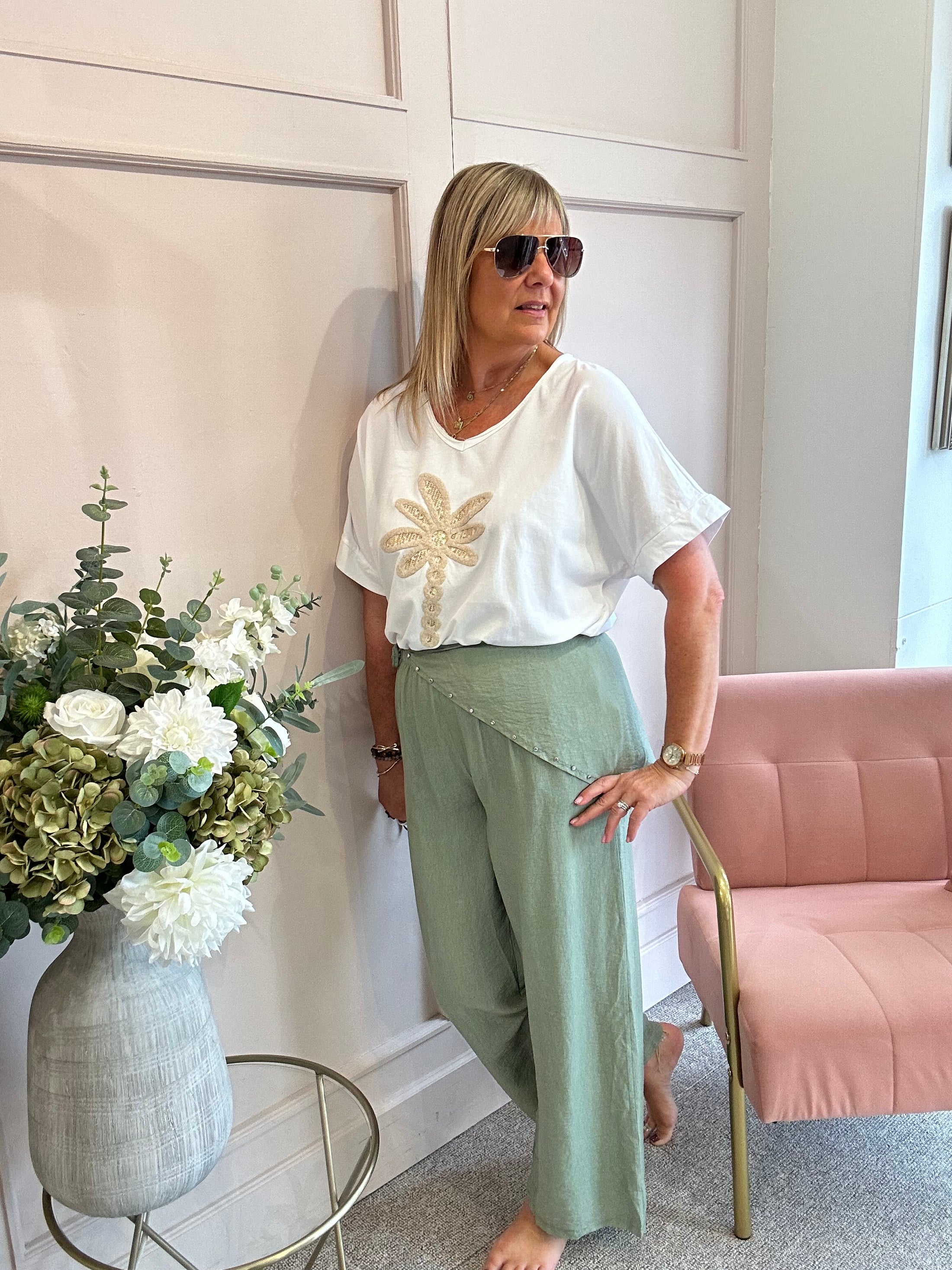 Scarf Tie Wide Pant - Khaki