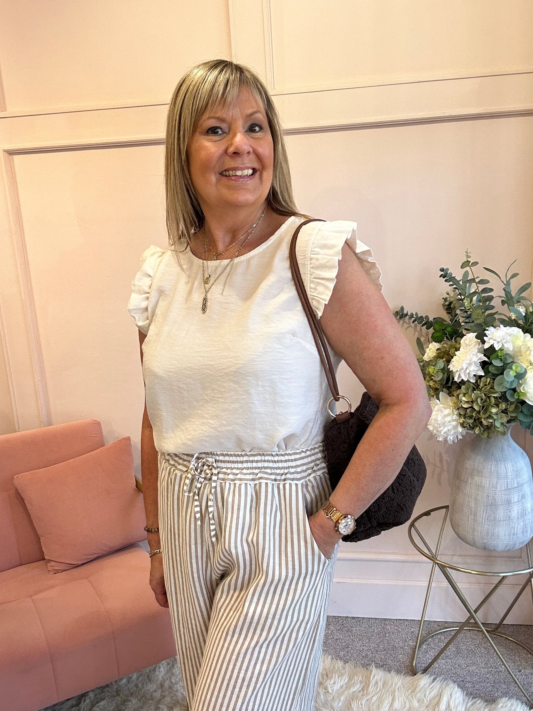 Frill Cap Sleeved Top  - Cream - Wardrobe By Simone