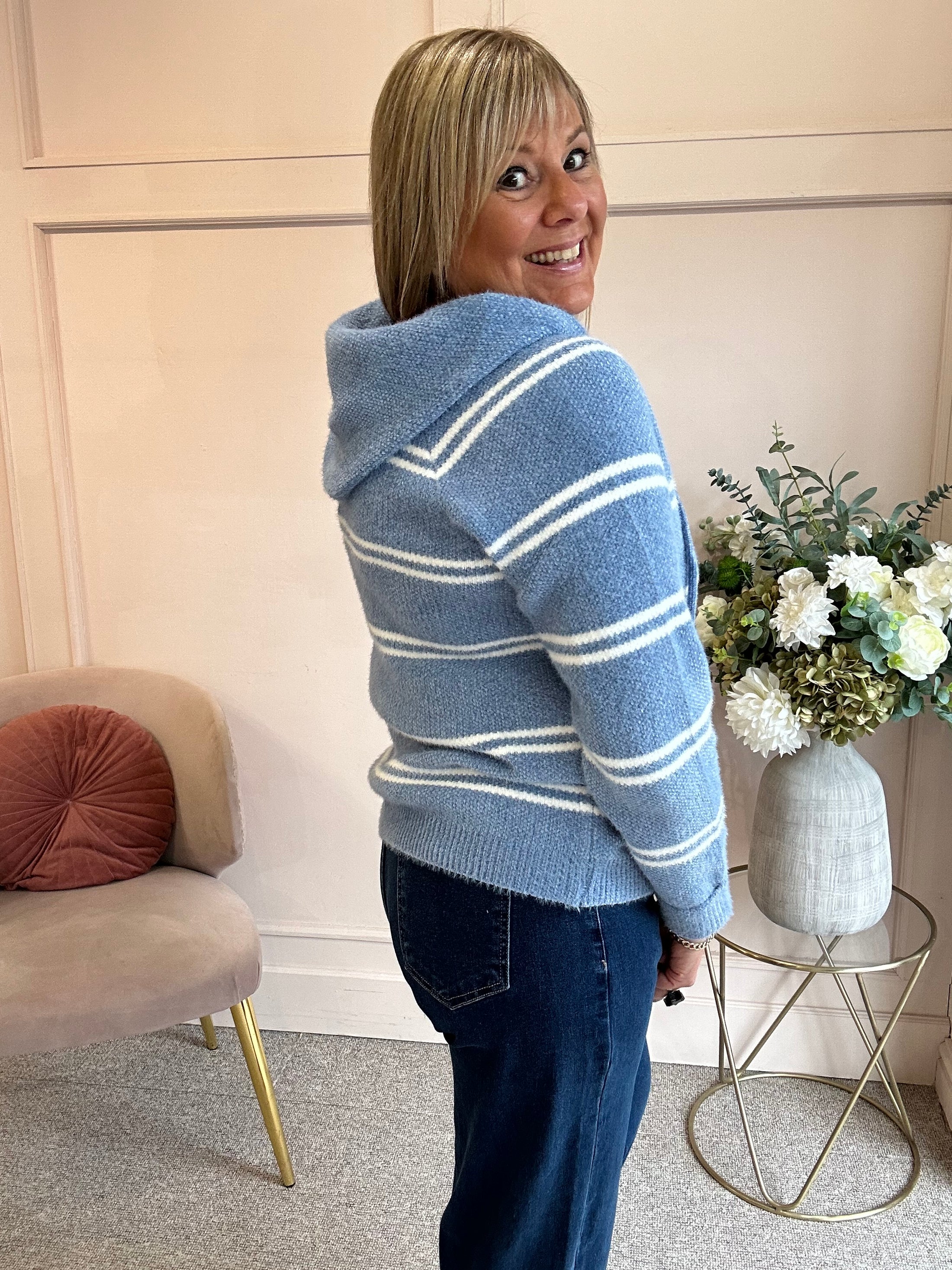 Hoody Striped Zip Cardigan- Cornflower Blue/Cream