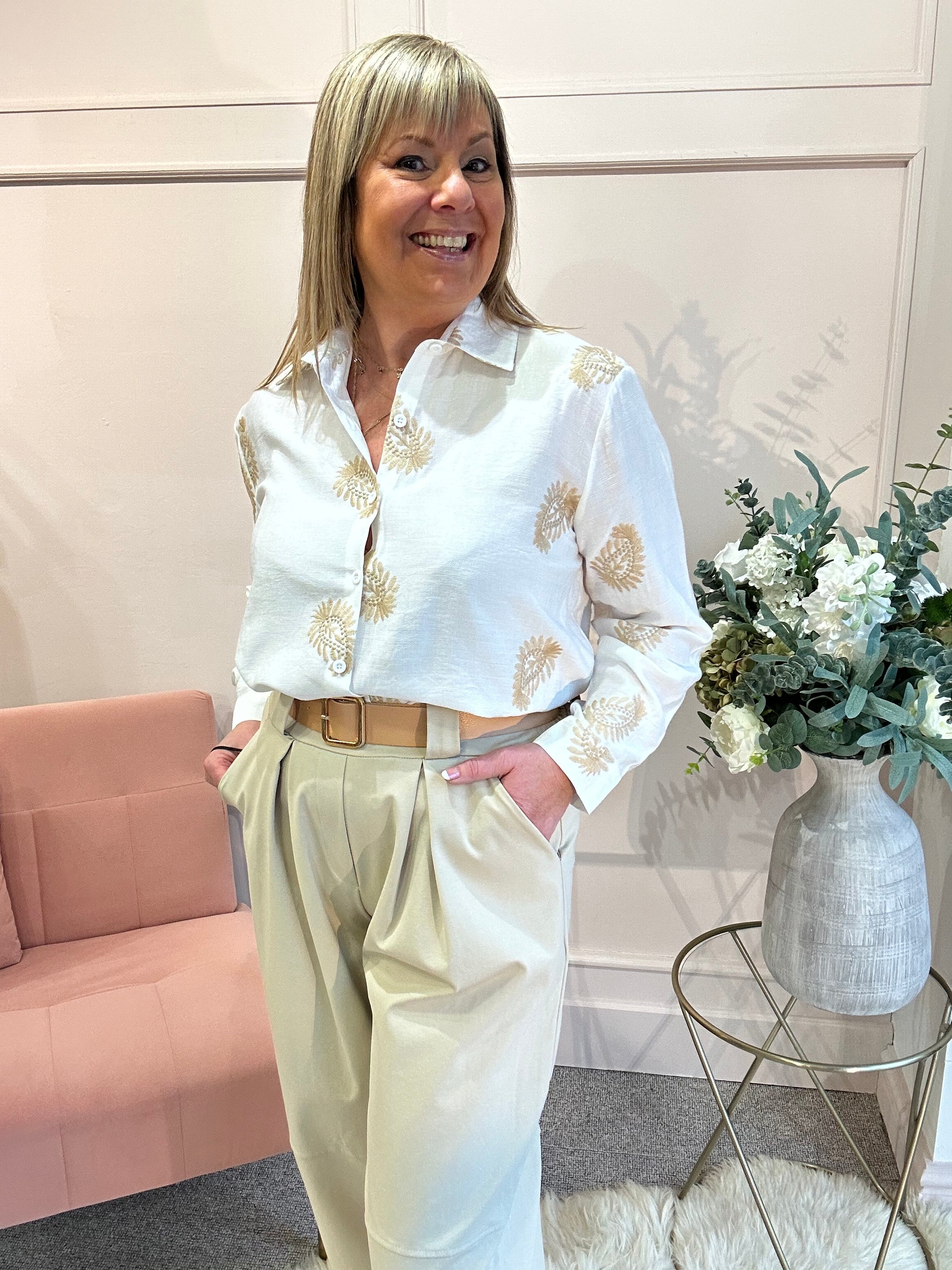 Beige Paisley Detail Shirt - White - Wardrobe By Simone