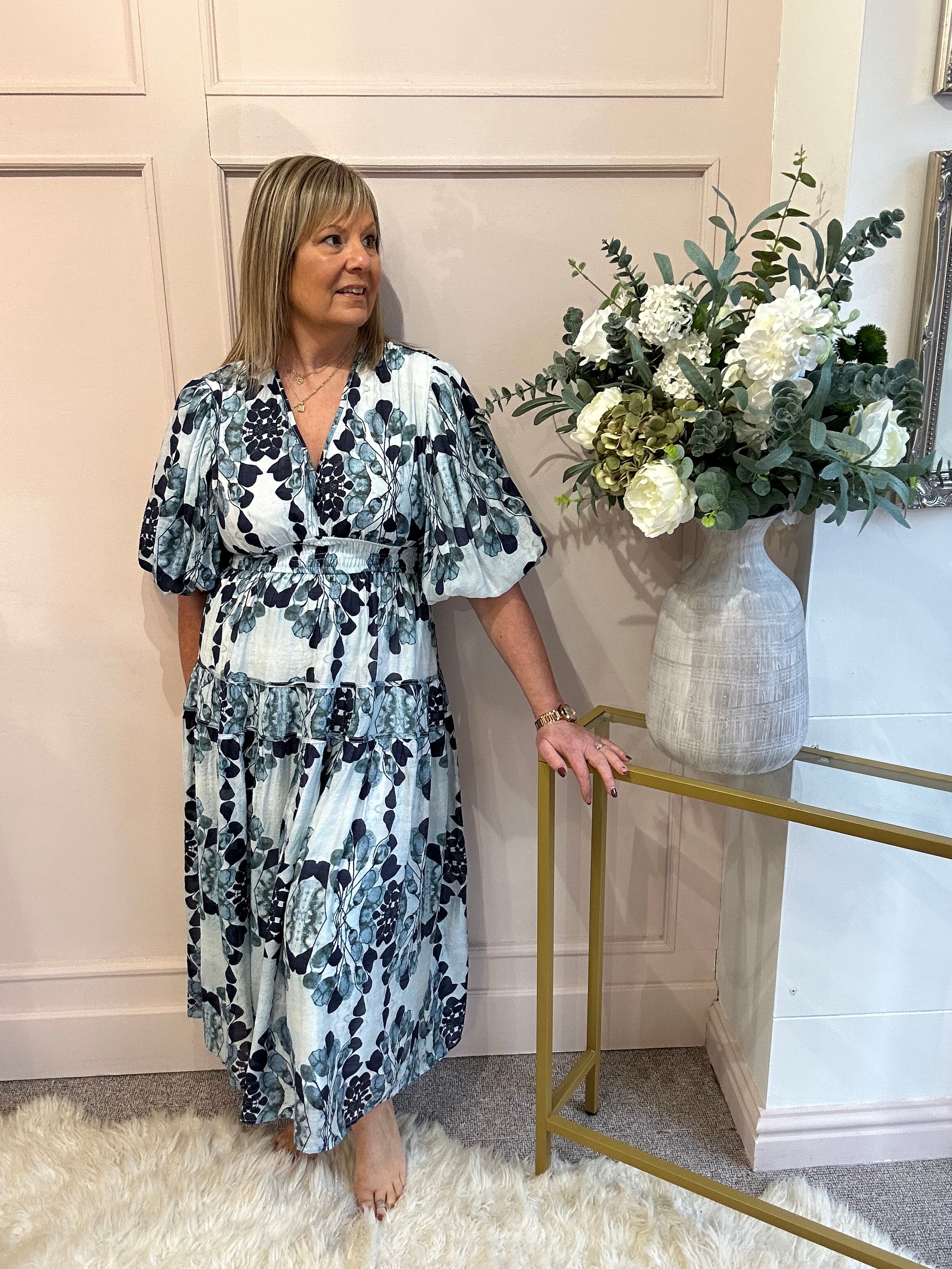 Floral Leaf Dress  - Blues - Wardrobe By Simone