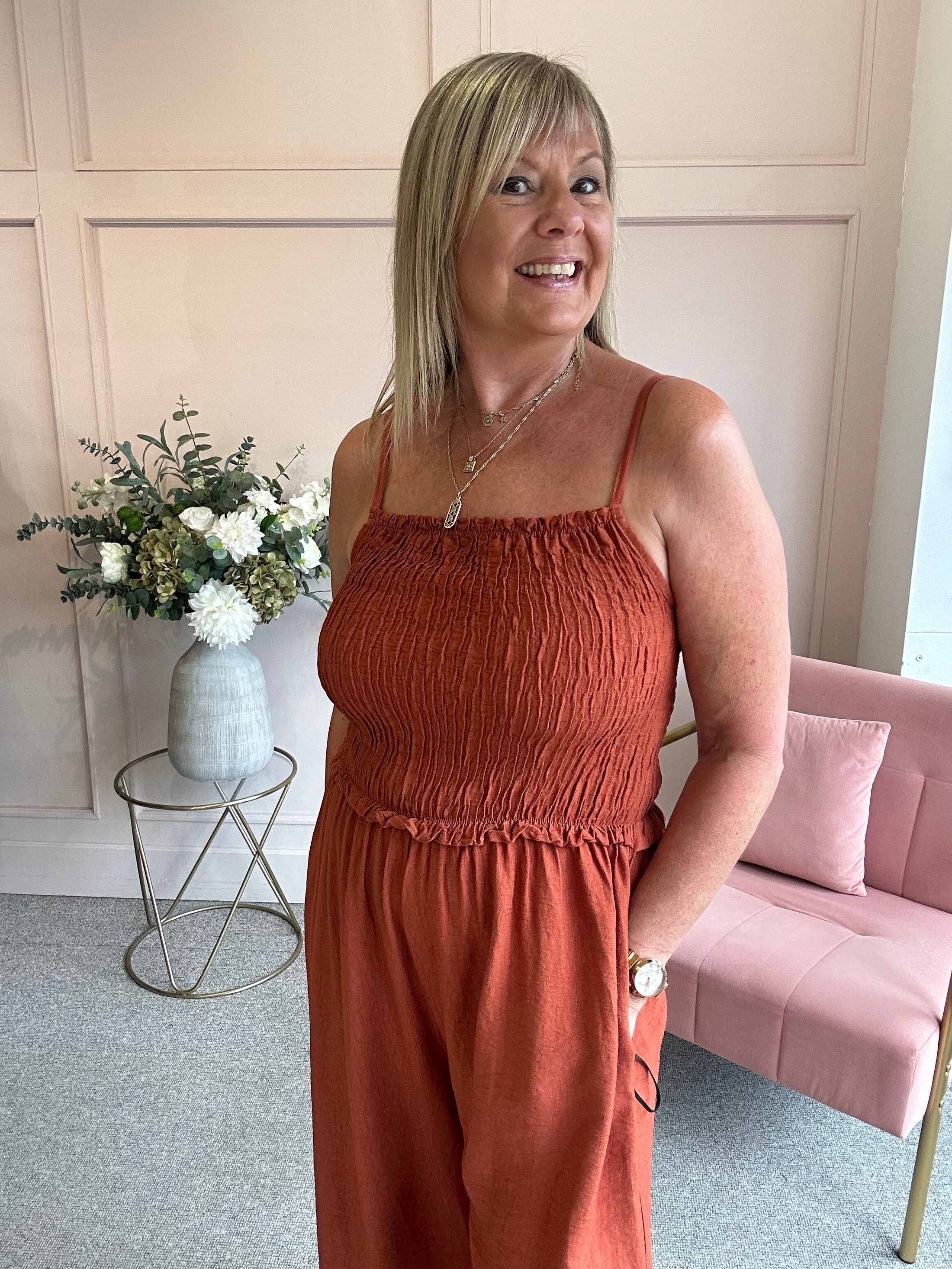 Elasticated Bodice & Wide Leg Jumpsuit - Rust