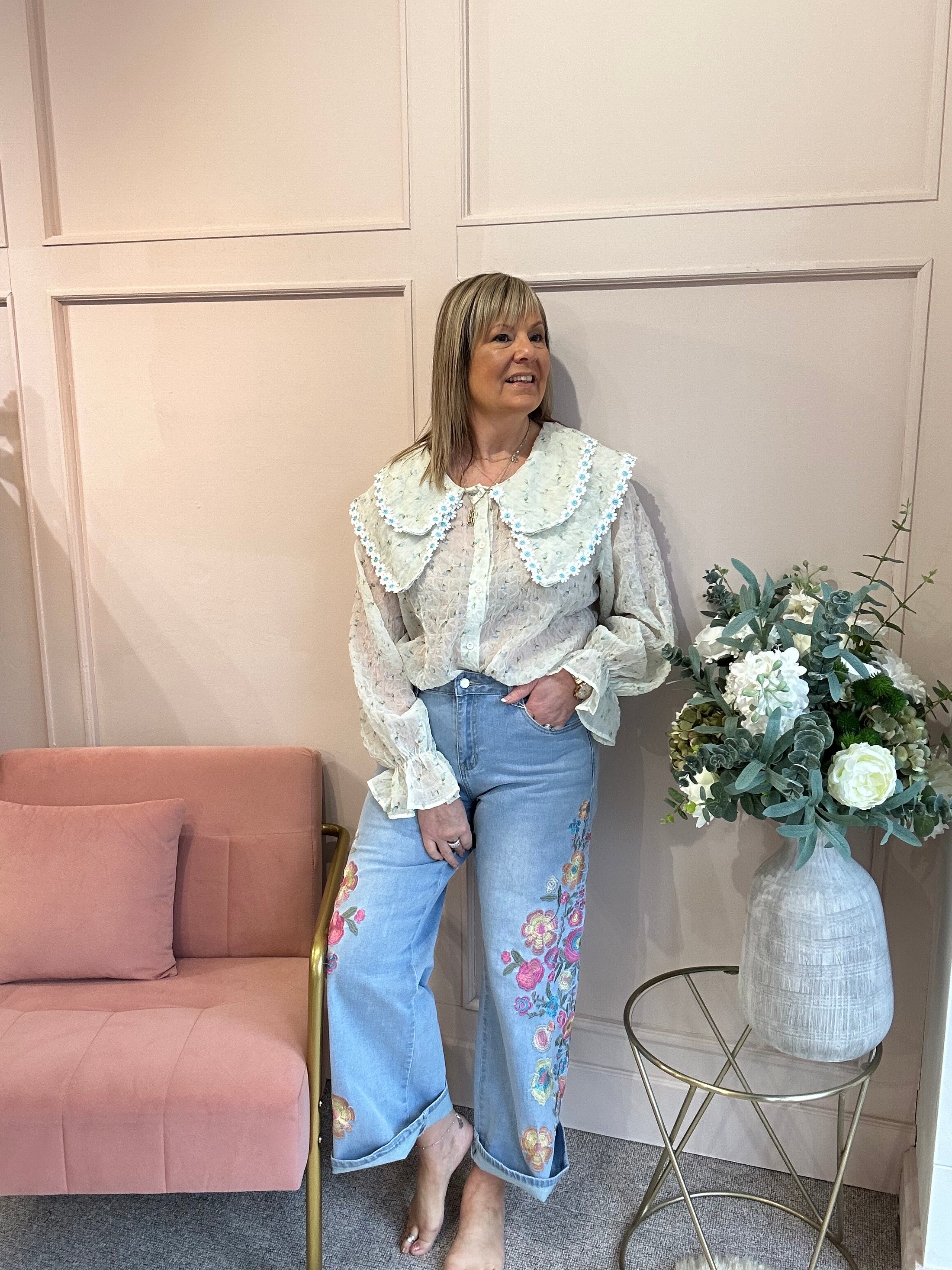 So Pretty Daisy Edge Blouse  - Mint/Blue - Wardrobe By Simone