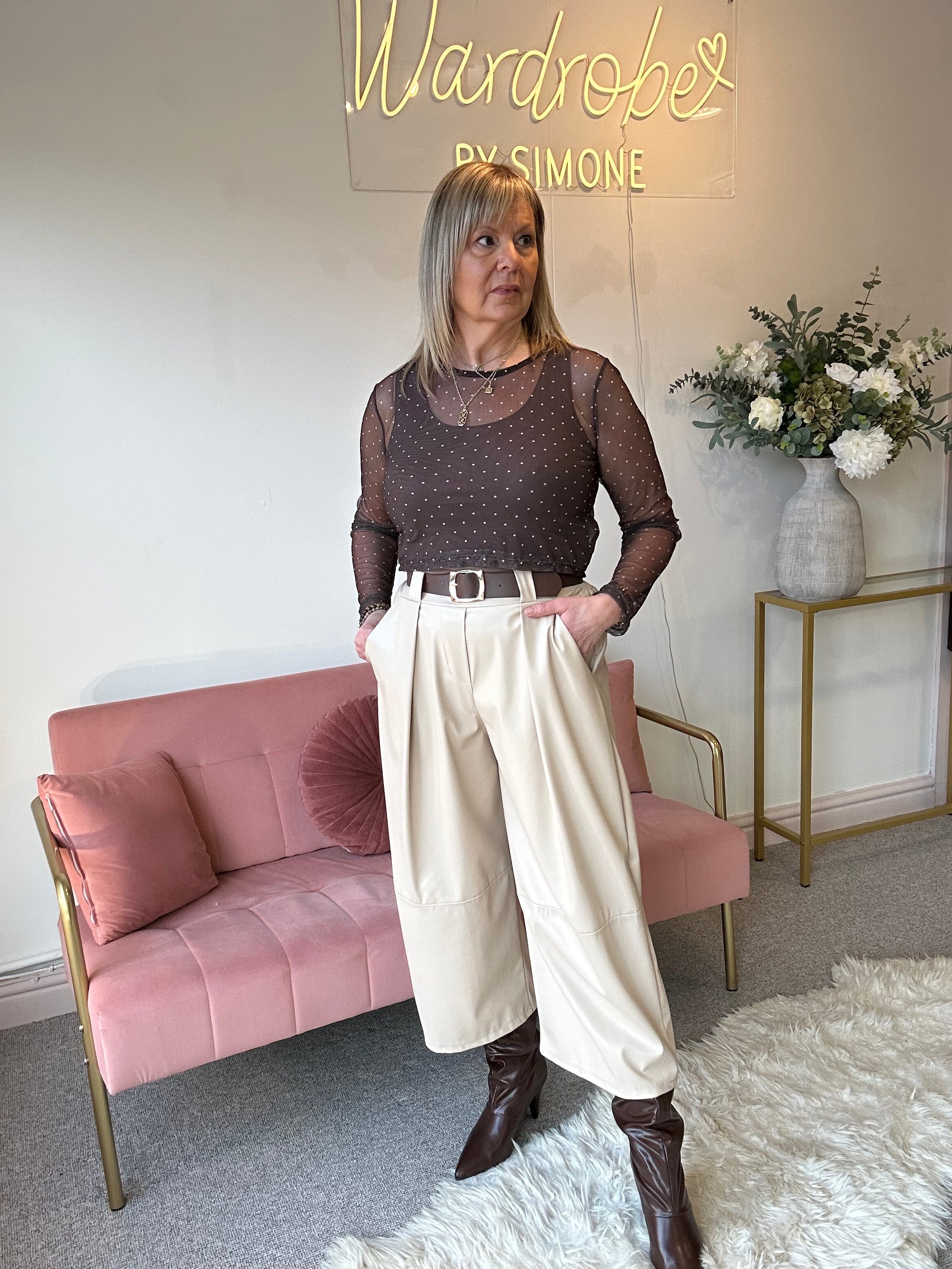 Faux Leather Wide Leg Trouser - Cream