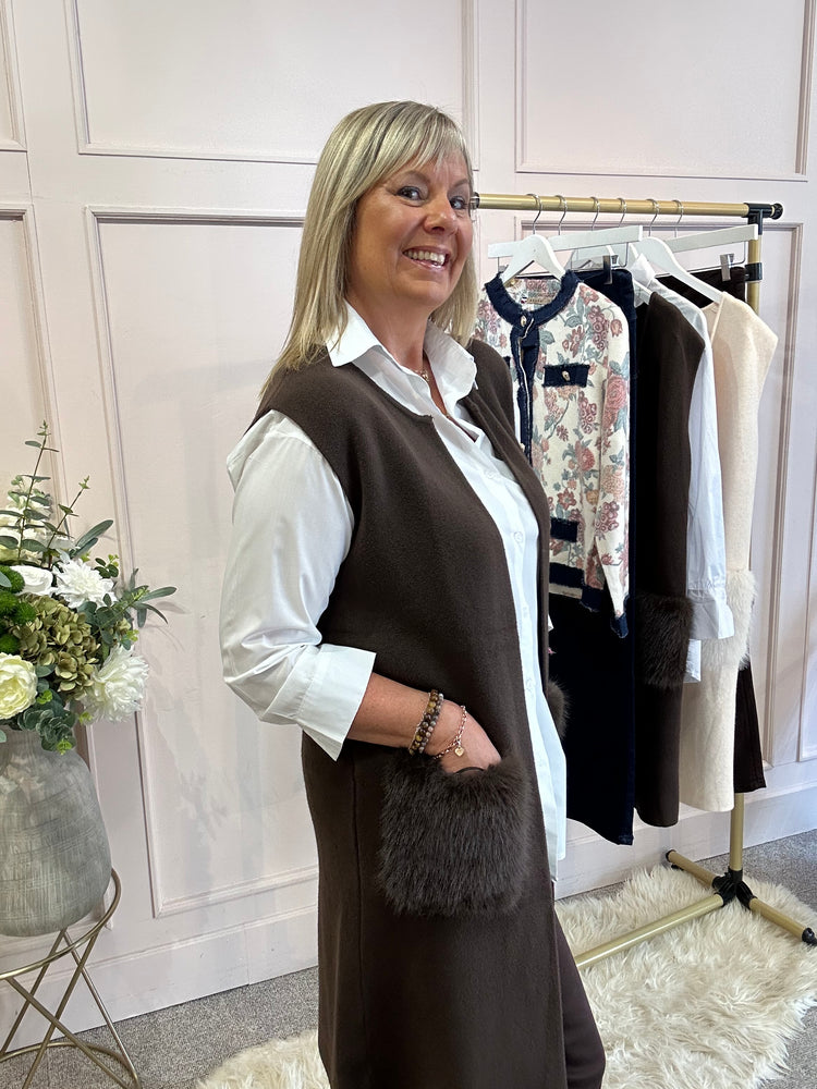 Fluffy Pocketed Long Waistcoat - Chocolate